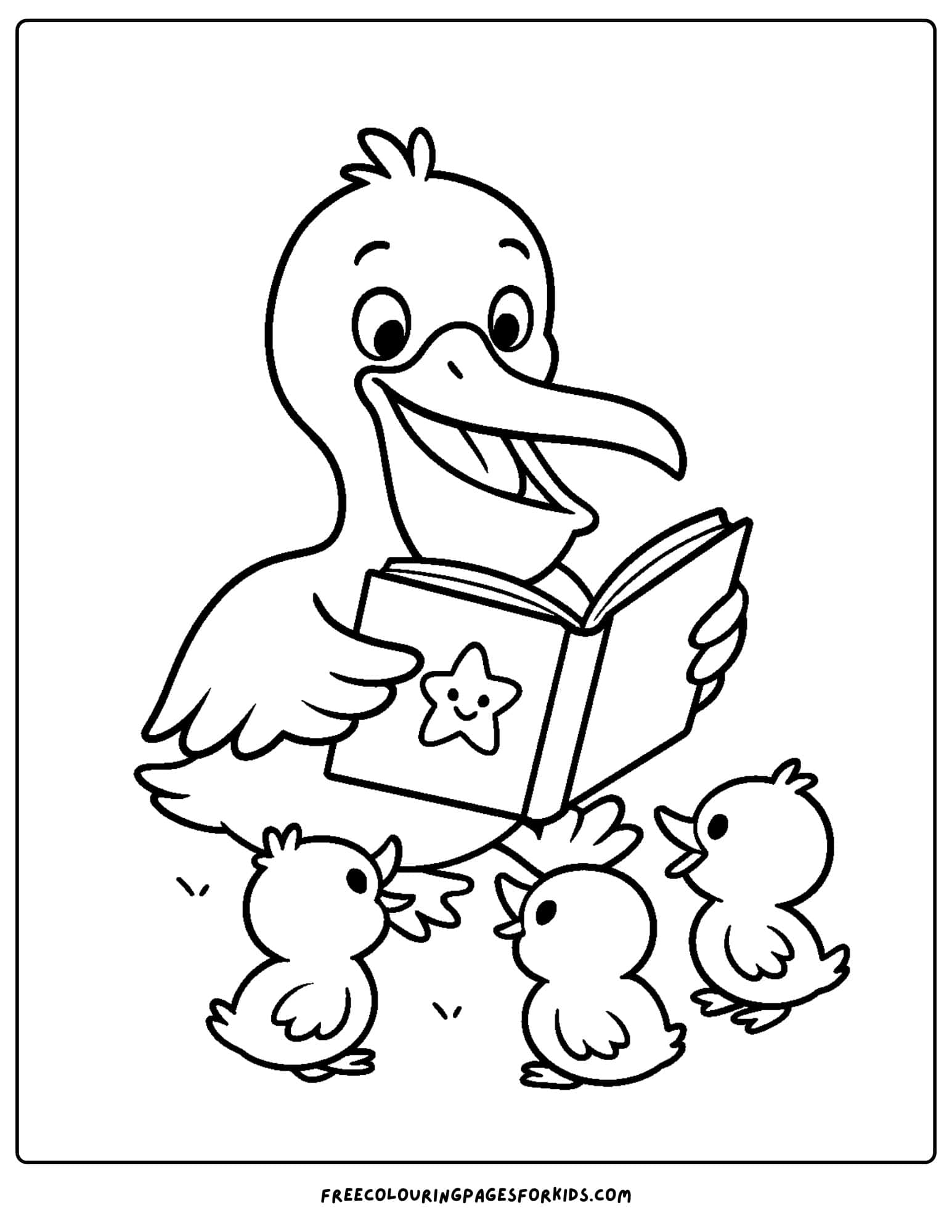 a pelican reading a story to baby pelicans