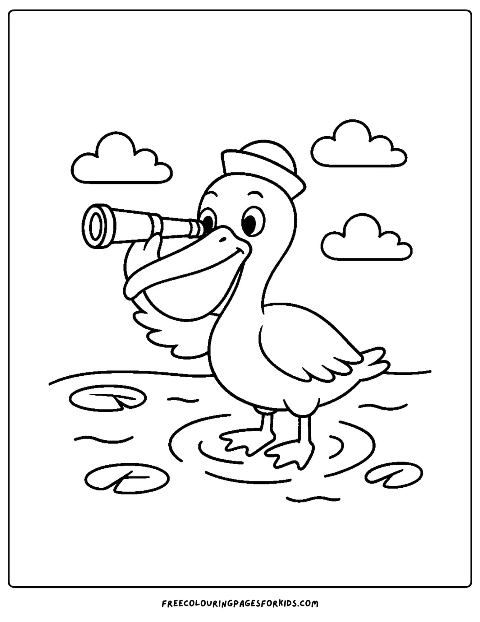 a pelican with a sailor hat and looking glass
