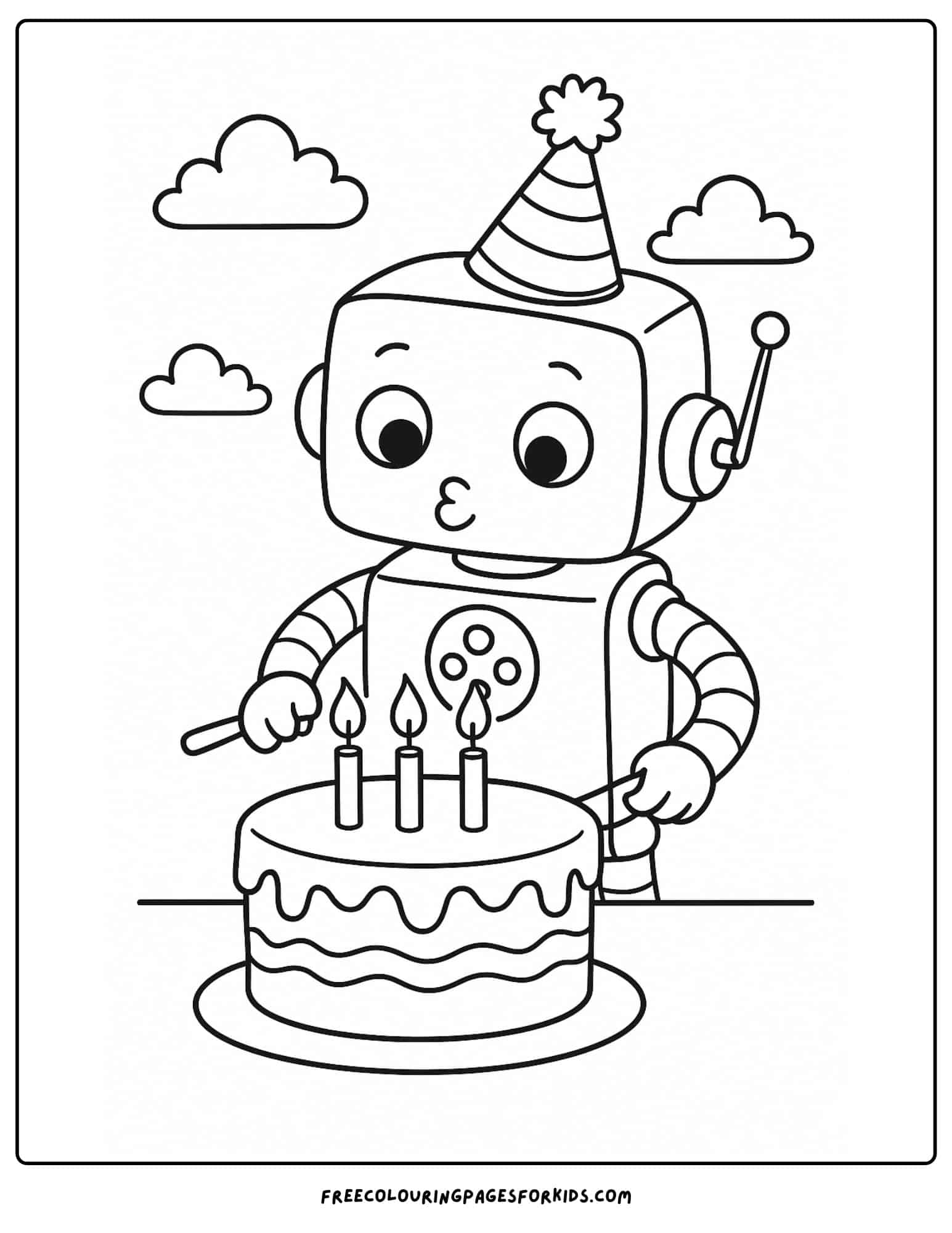 a robot and a birthday cake