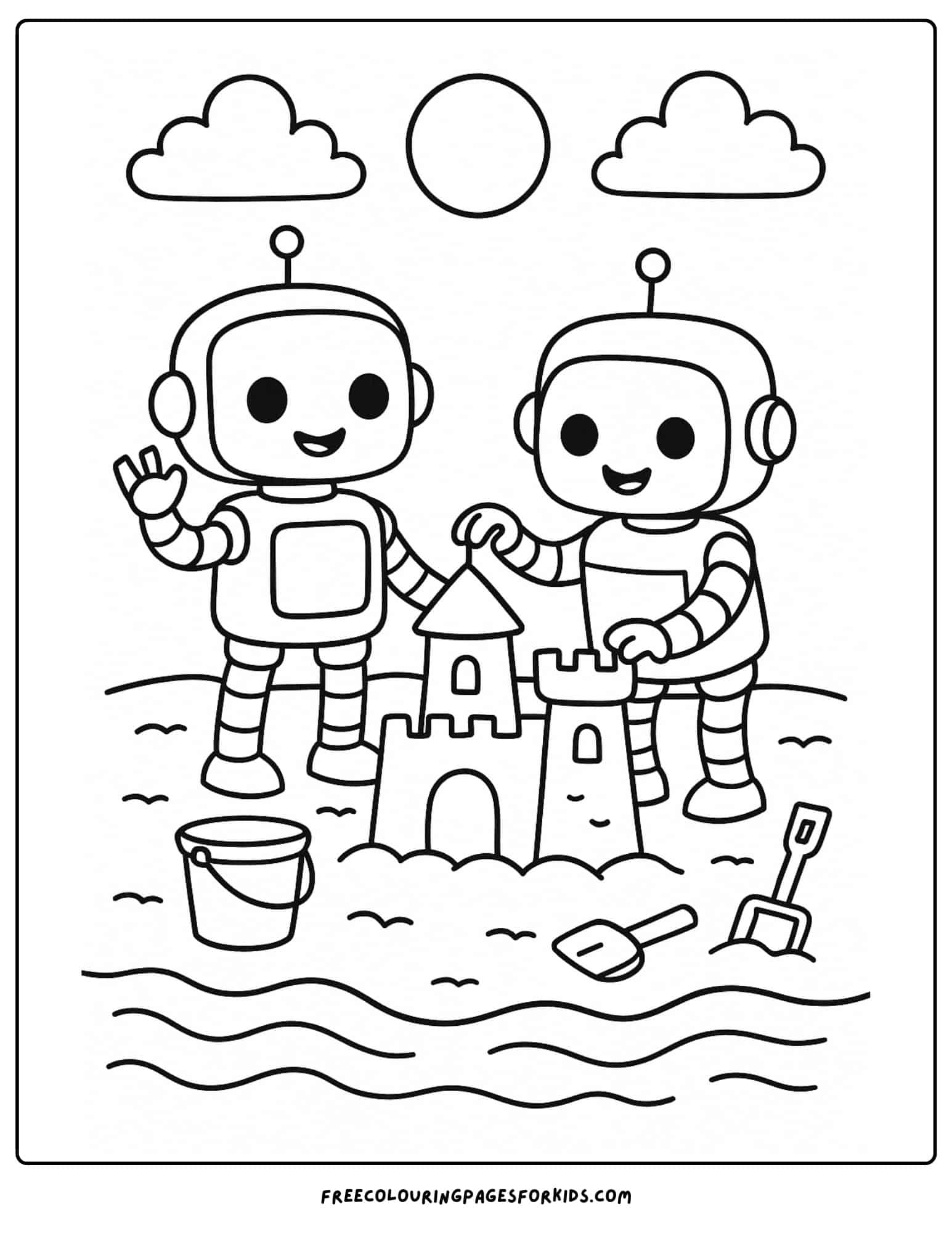 robots making a sandcastle
