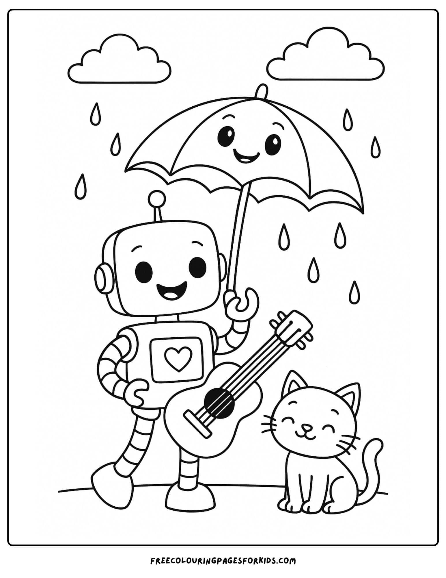 a robot with a guitar and umbrella