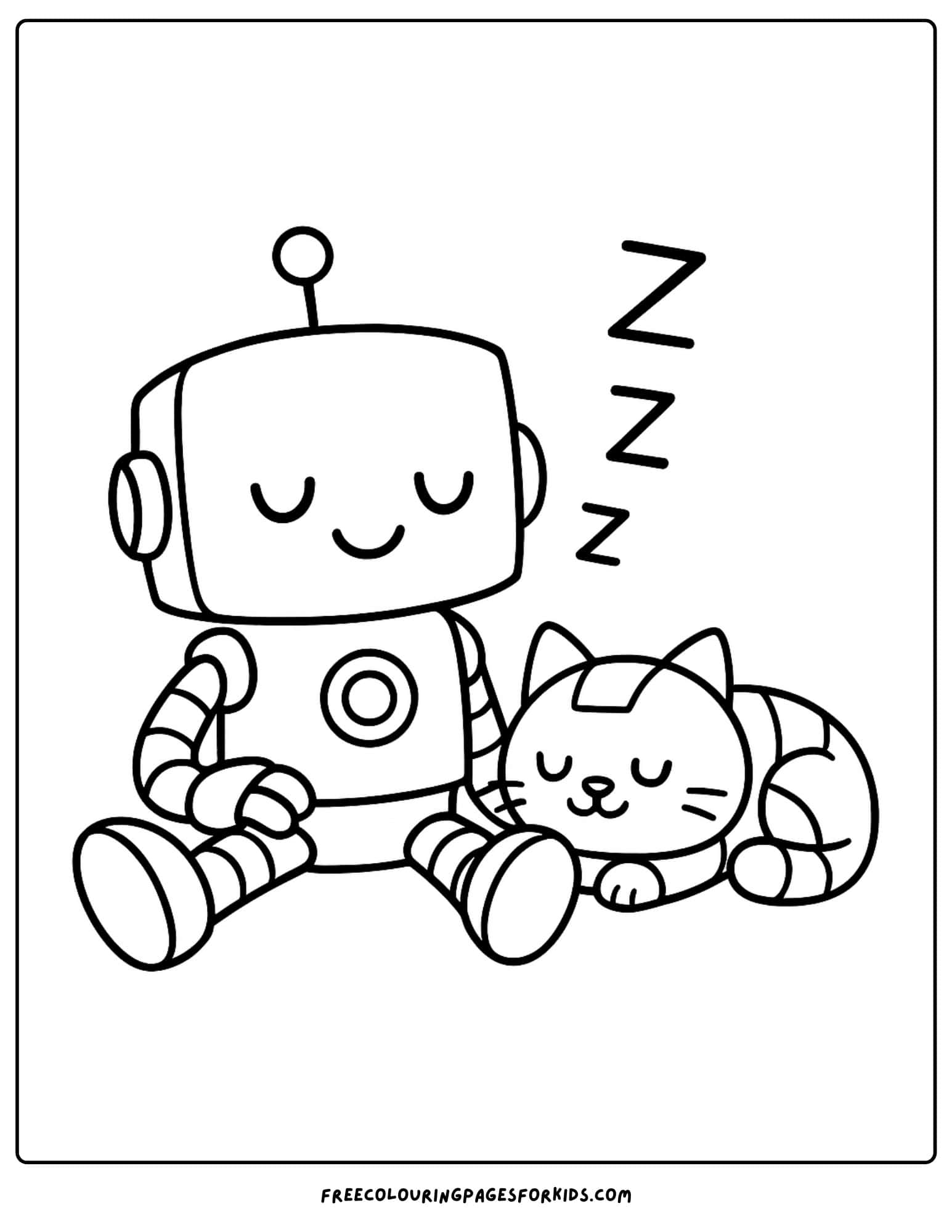 a robot and a sleeping cat