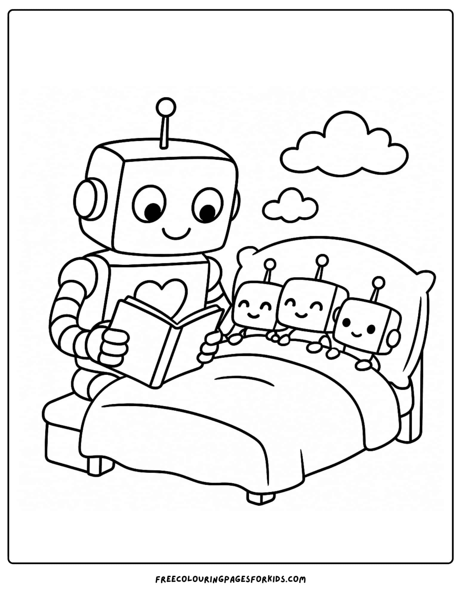 a robot reading a bedtime story to baby robots