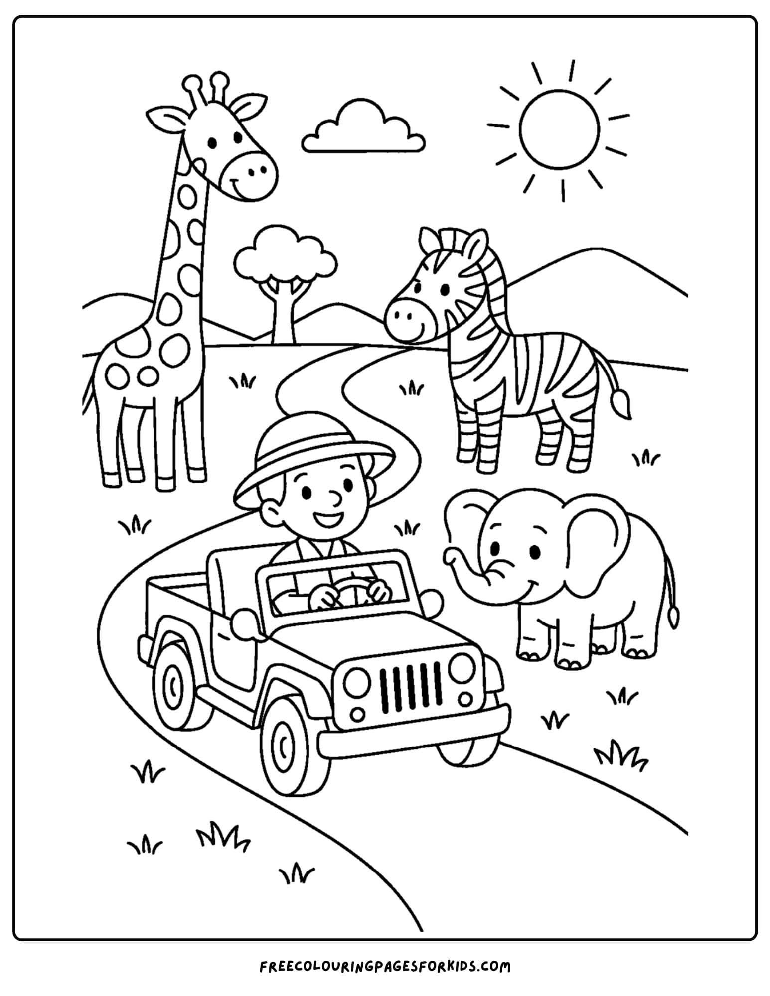 A coloring page with a safari scene of a jeep driving past animals