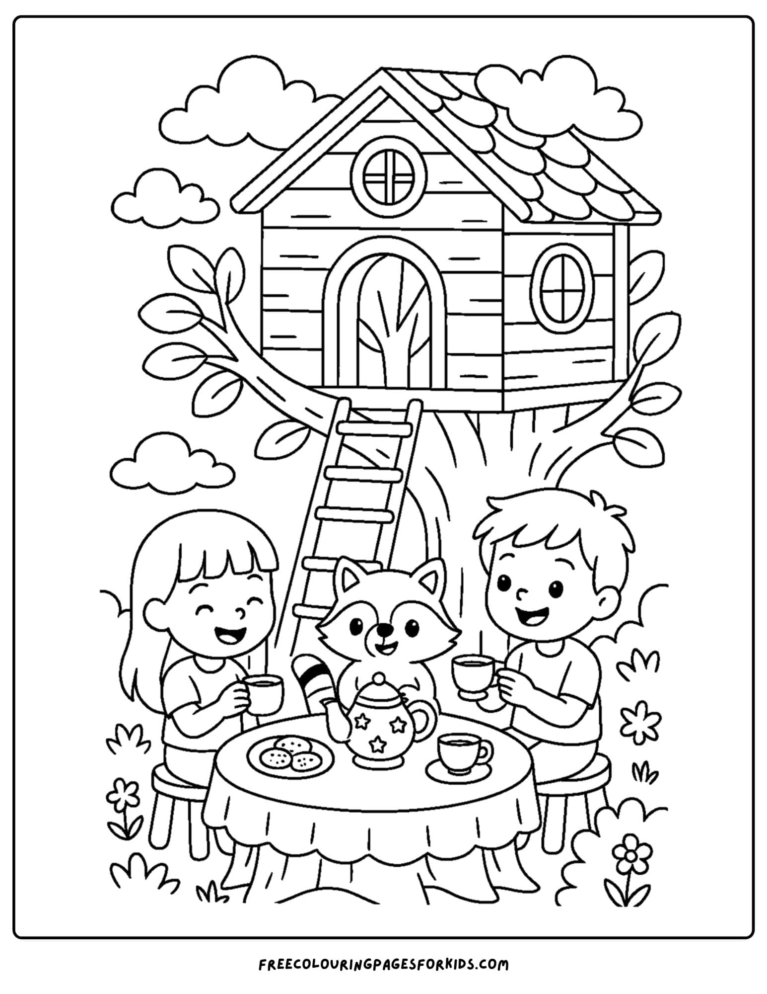 a tea party below a tree house