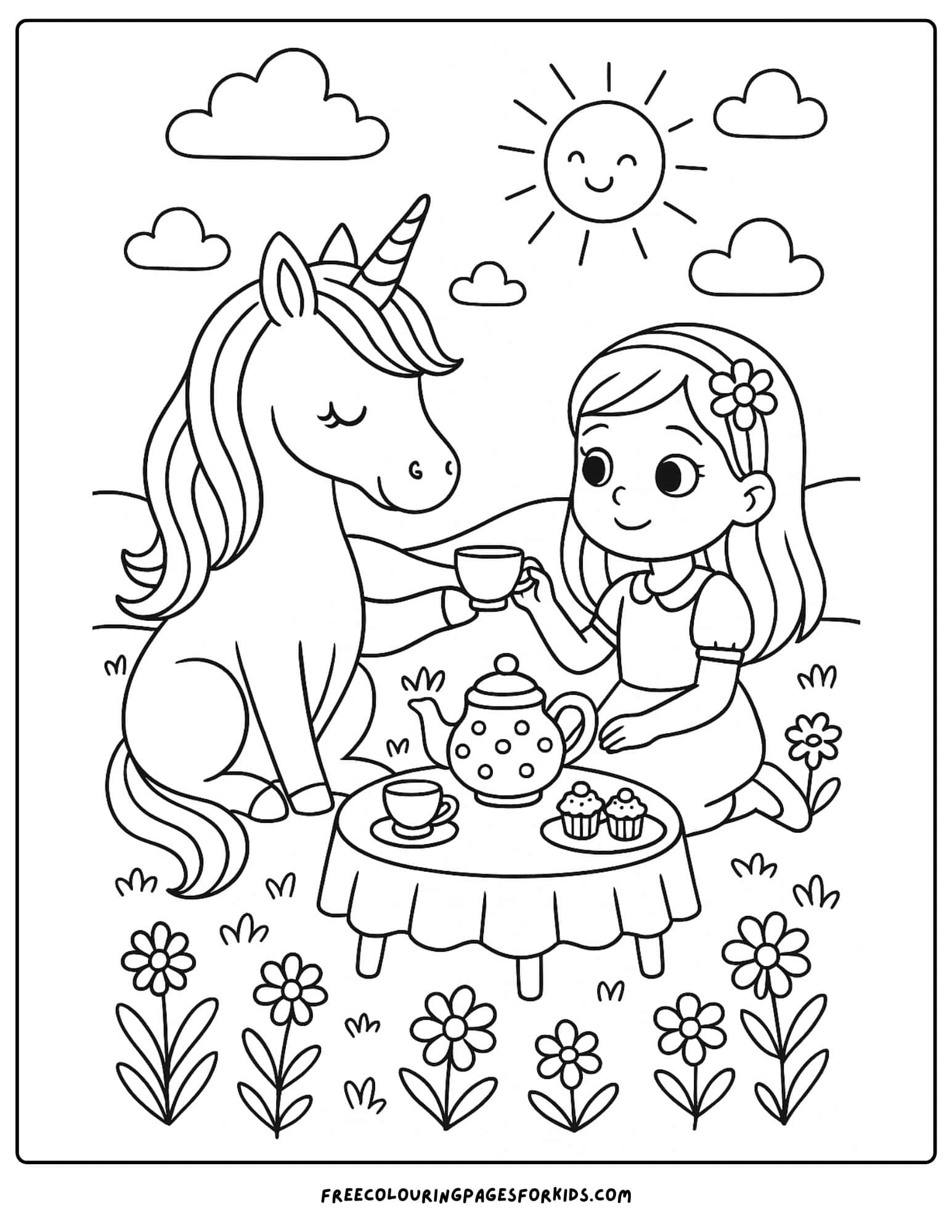 a tea party with a unicorn in a meadow