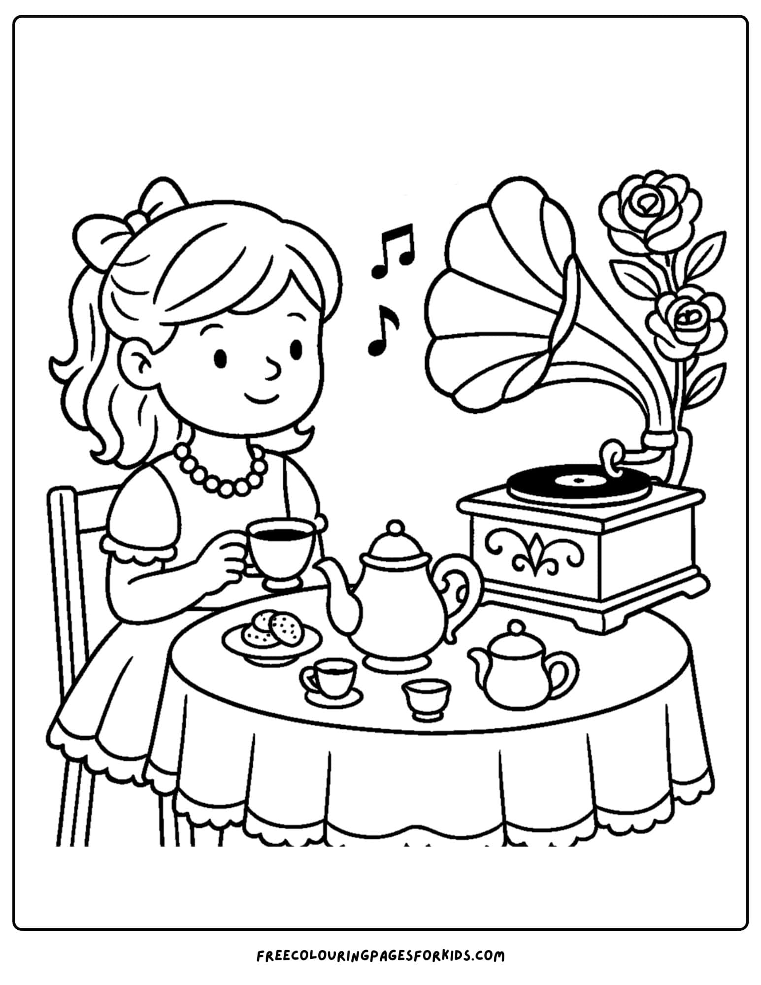 a tea party while listening to a gramophone