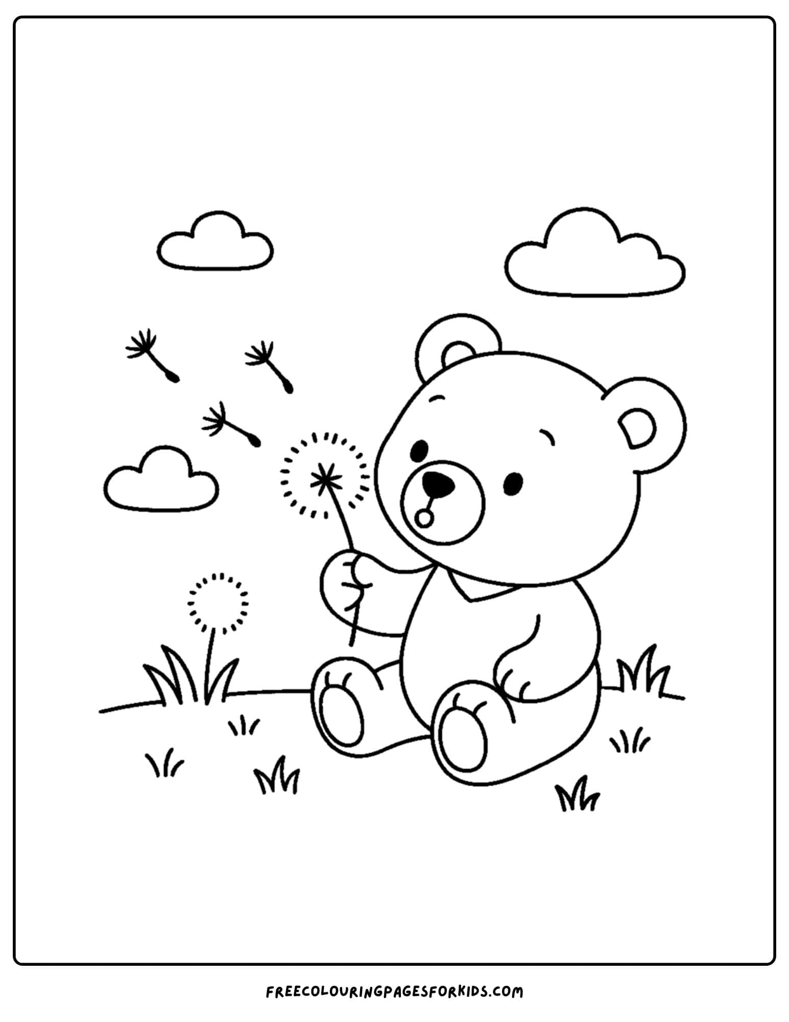 a teddy bear blowing dandelions