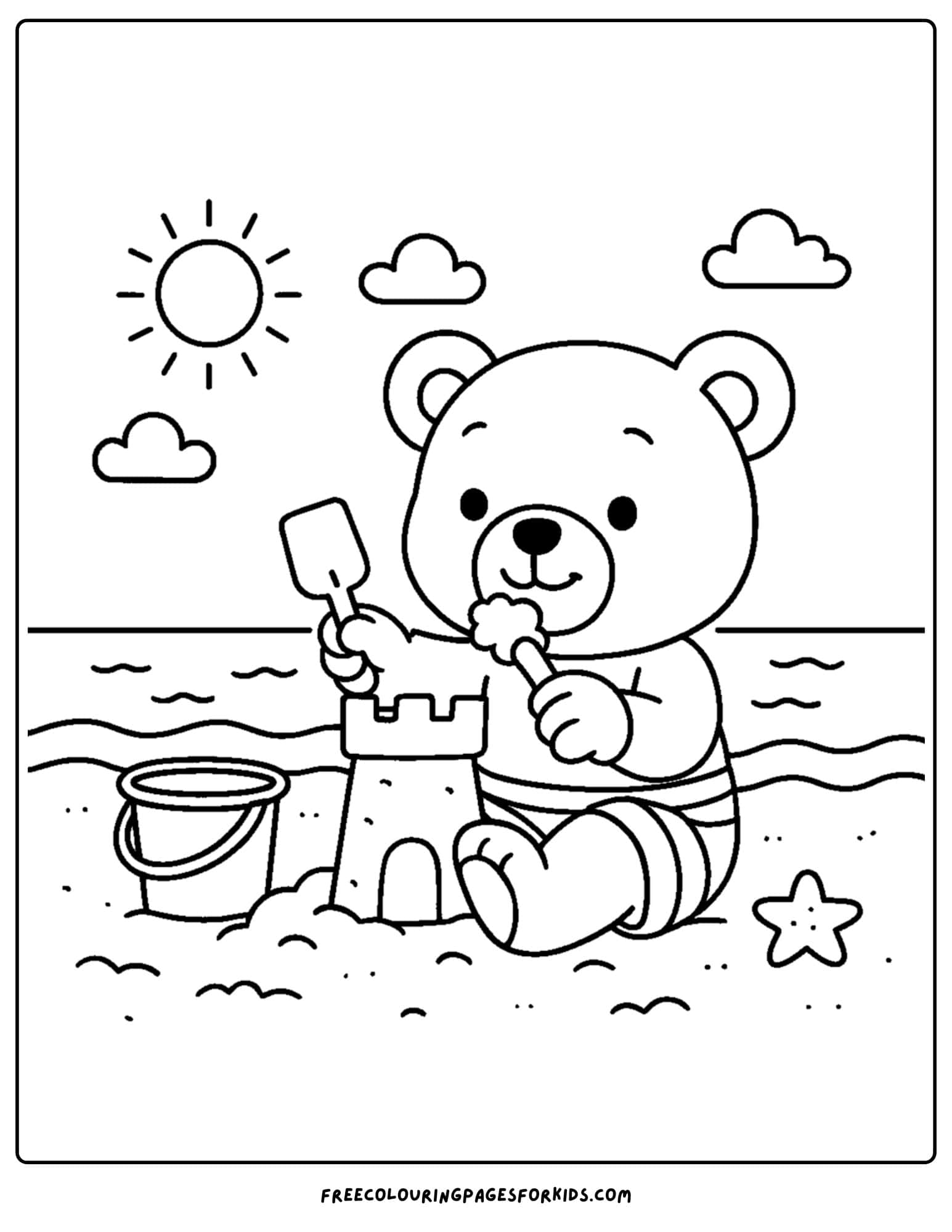 a teddy bear building a sandcastle