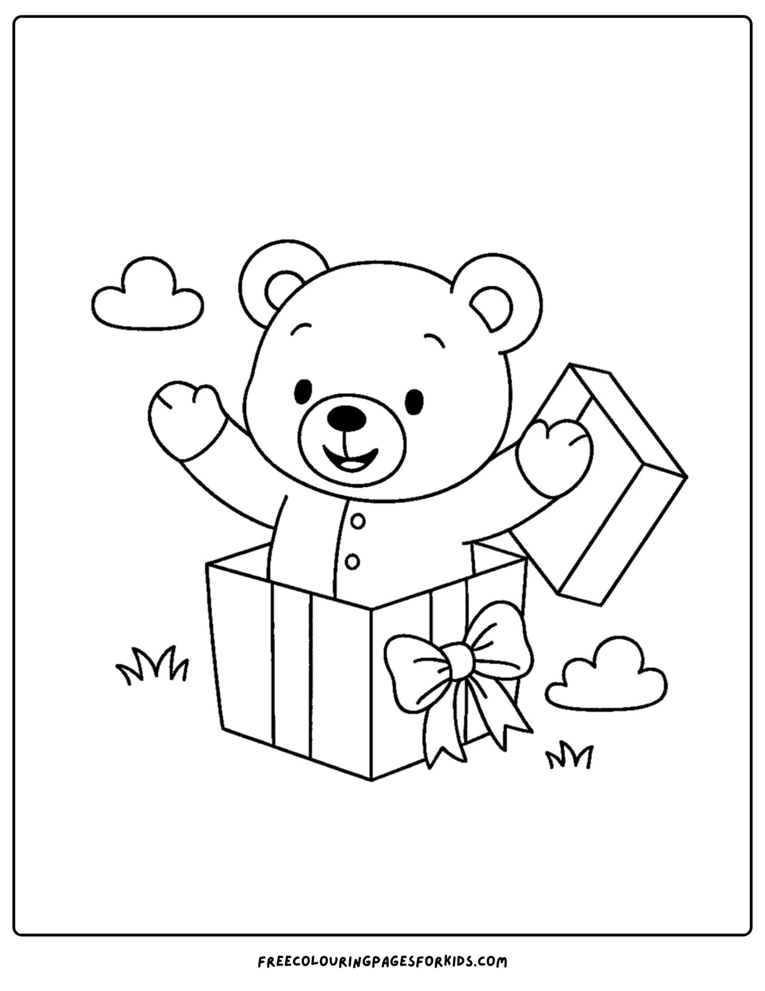 a teddy bear jumping out of a box