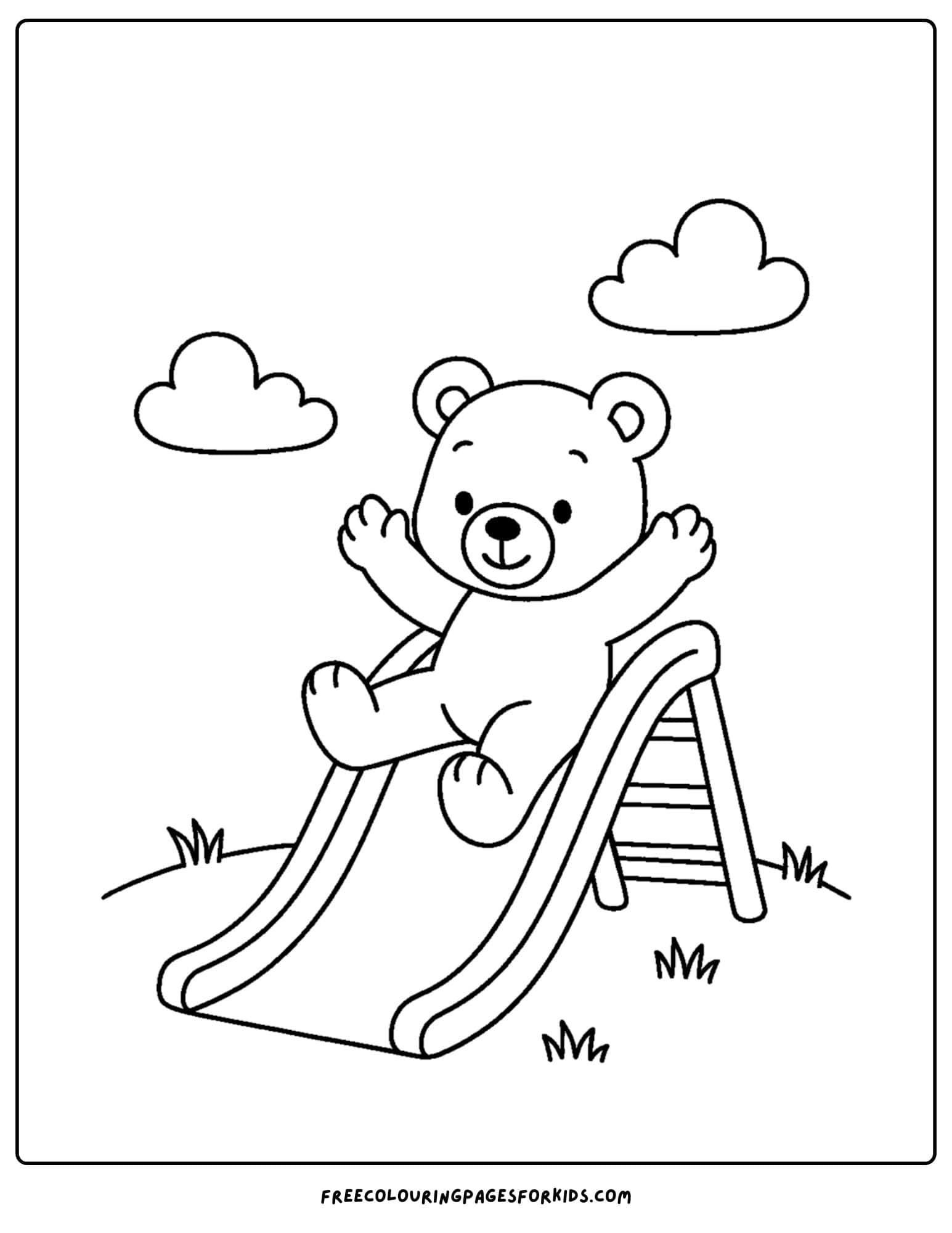 a teddy bear going down a slide