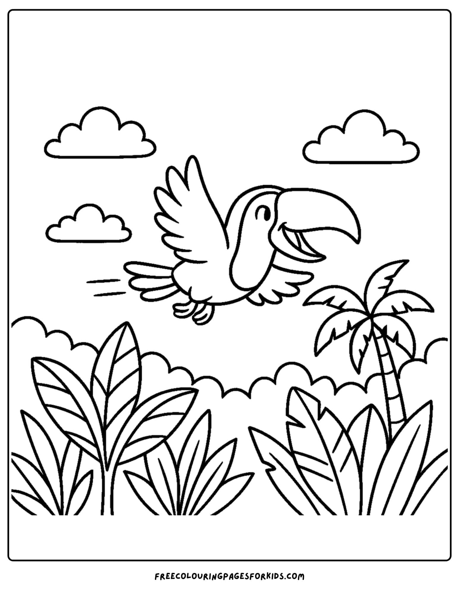a toucan flying over a jungle