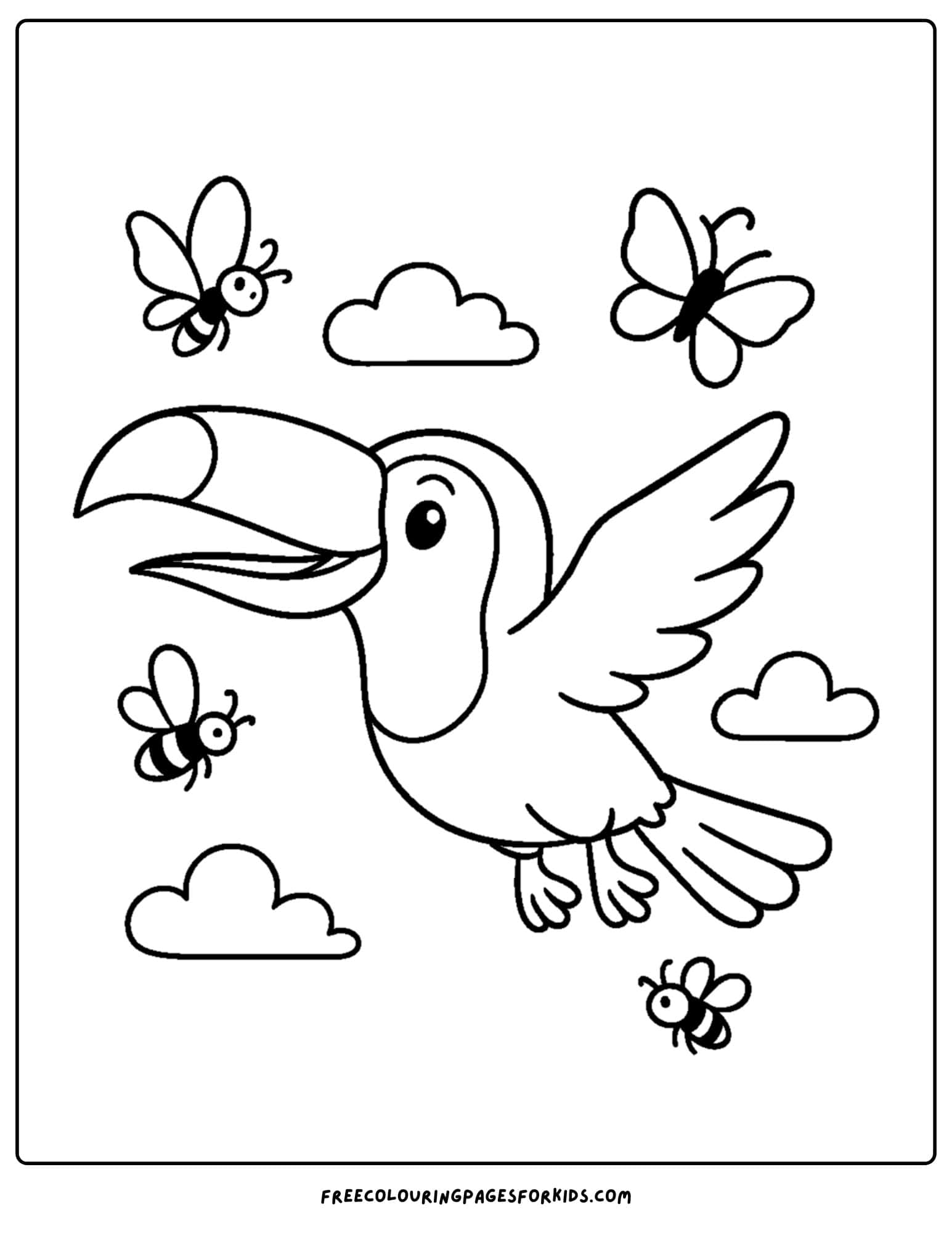 a toucan flying with butterflies