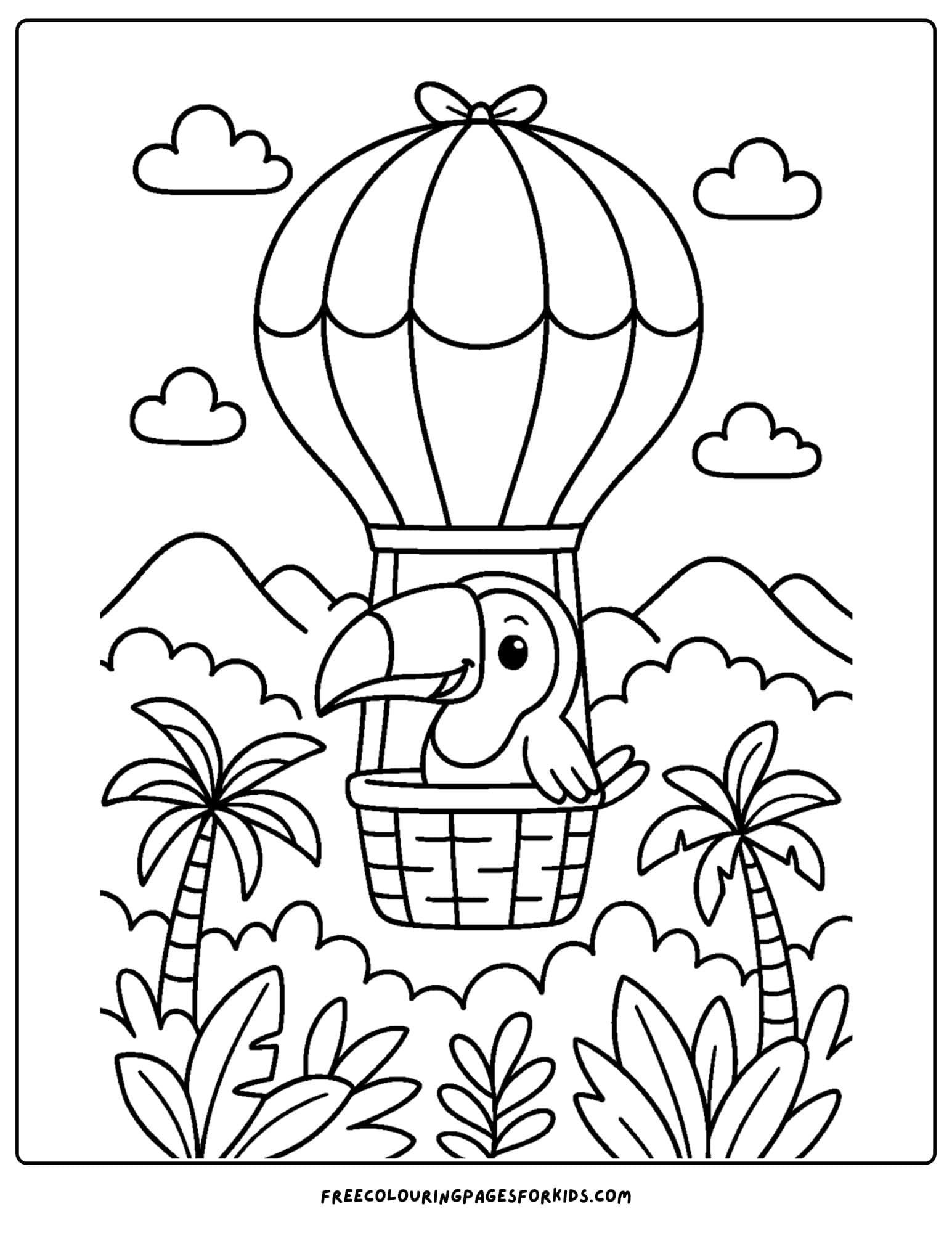 a toucan riding in a hot air balloon