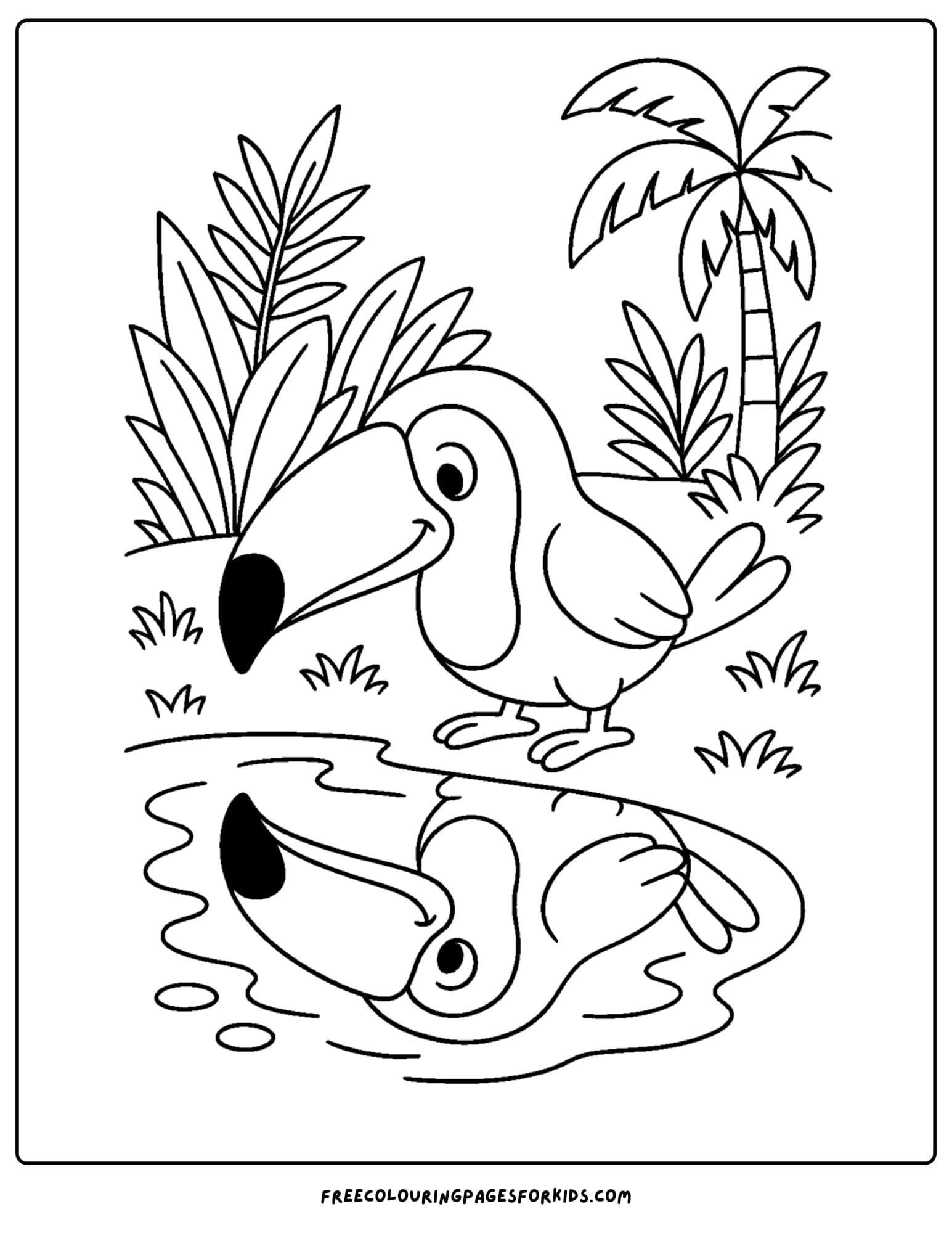 a toucan looking at its reflection in a pond