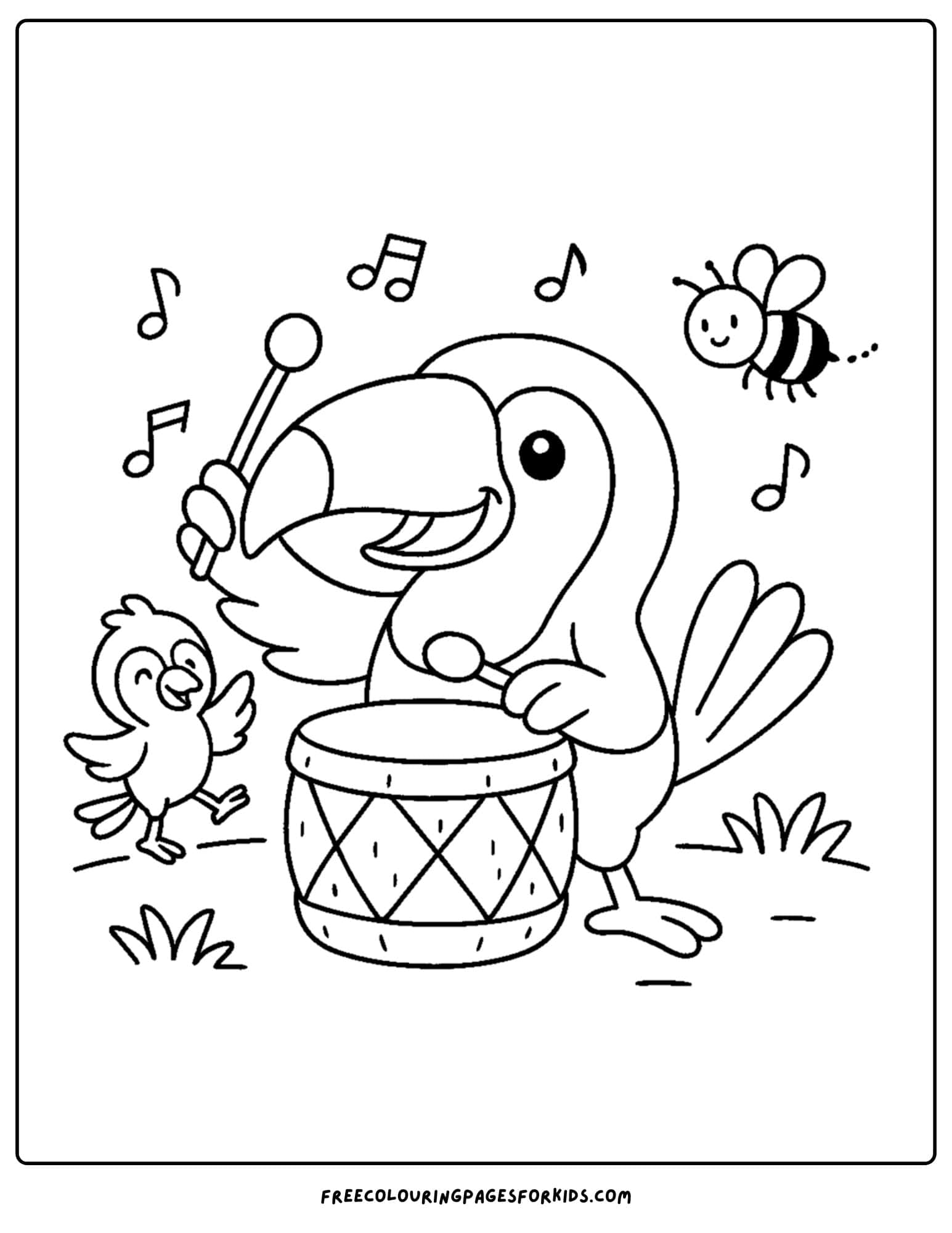 a toucan playing cocconut drums