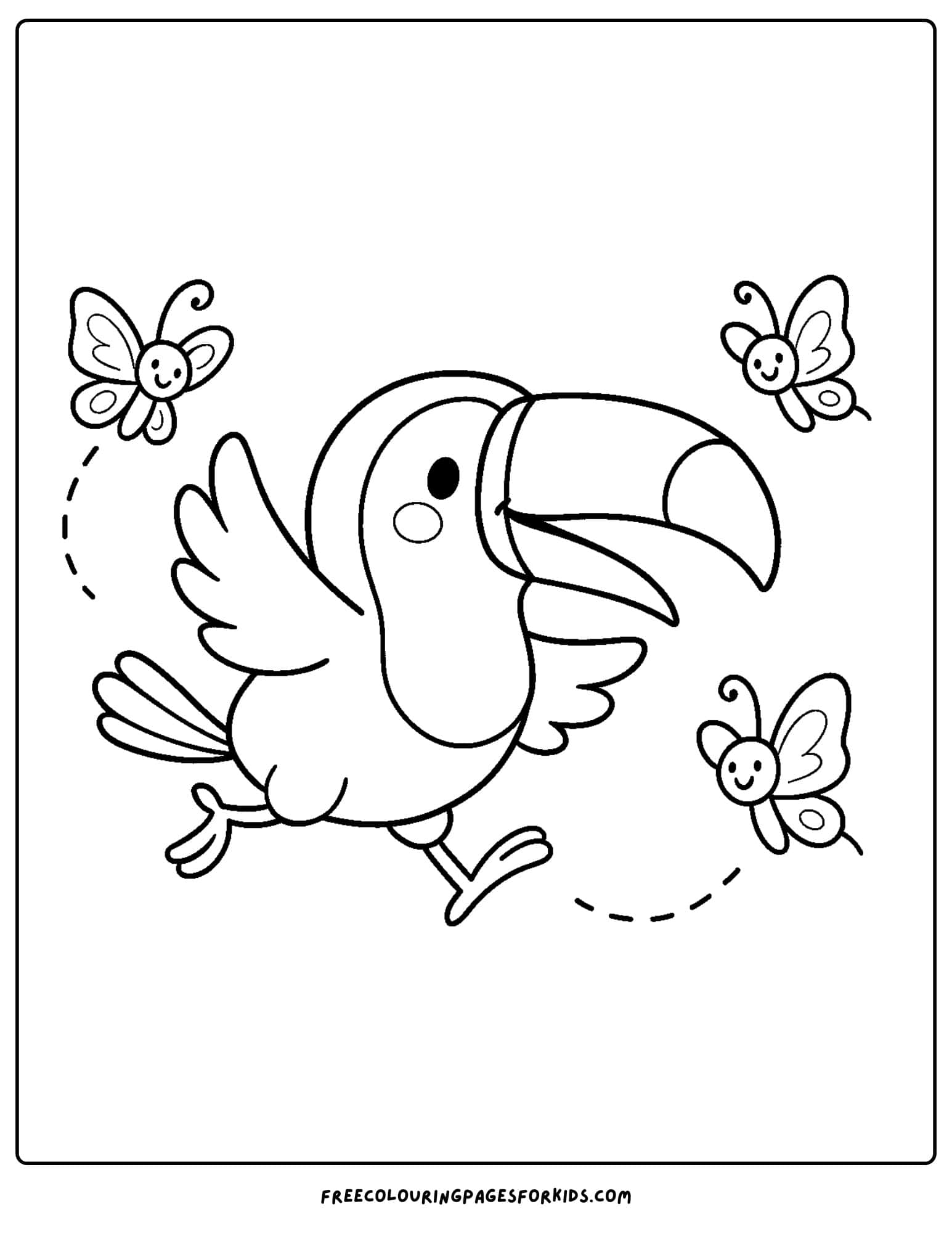 a toucan playing with butterflies