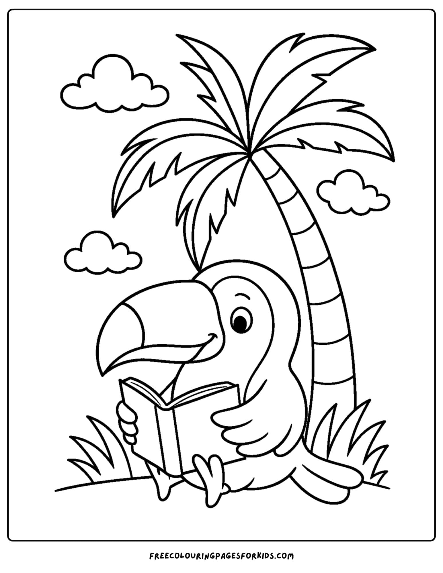 a toucan reading a book under a palm tree