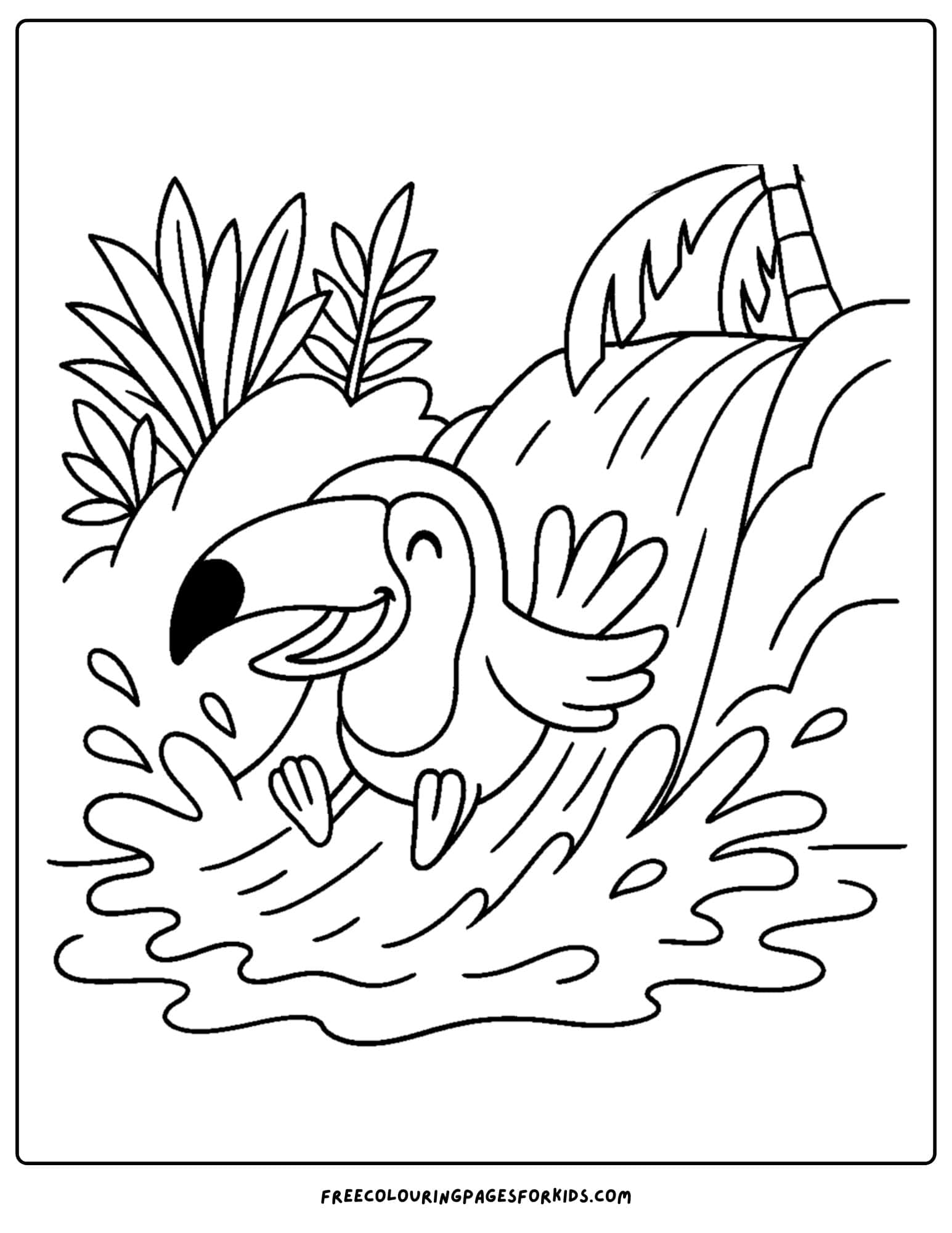 a toucan sliding down a waterfall