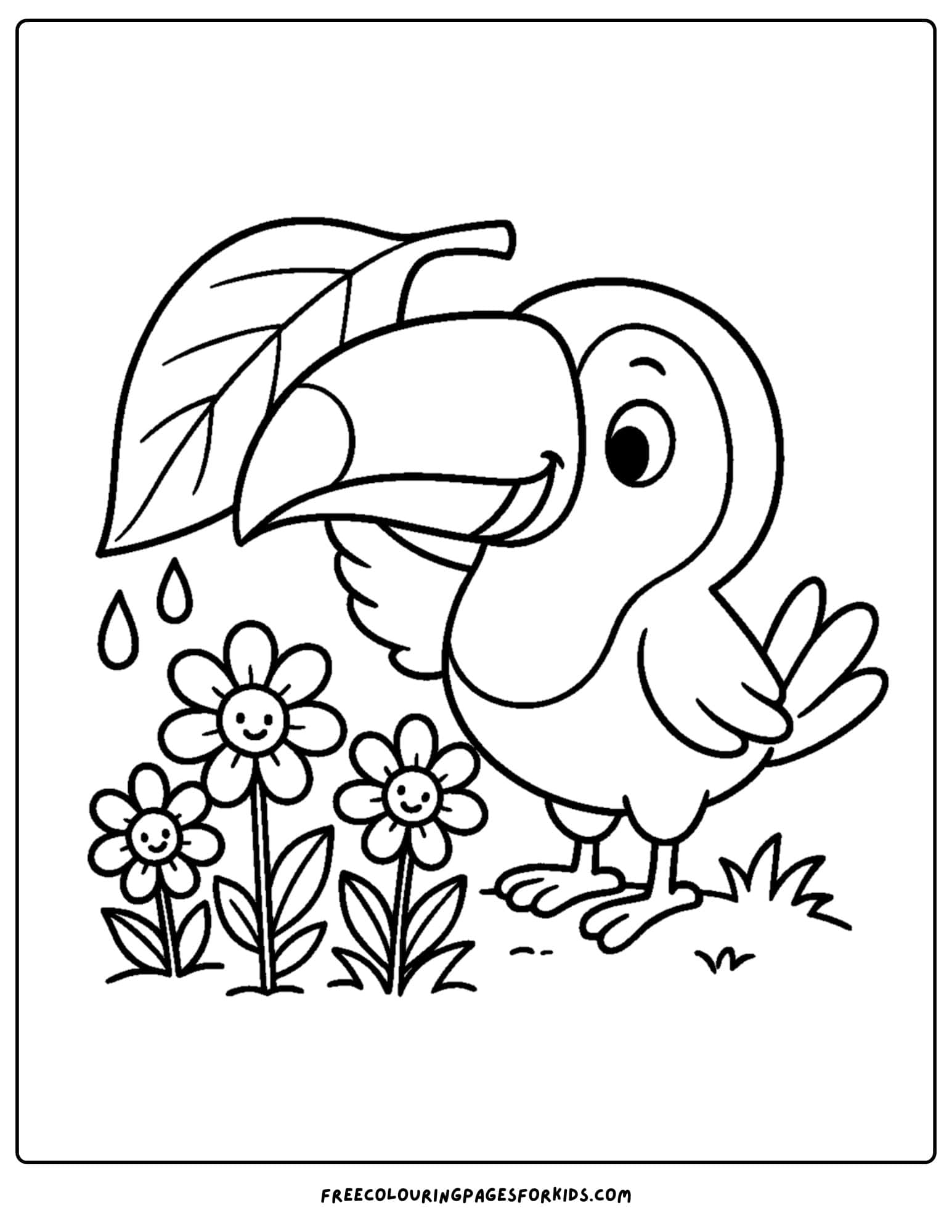 a toucan watering flowers