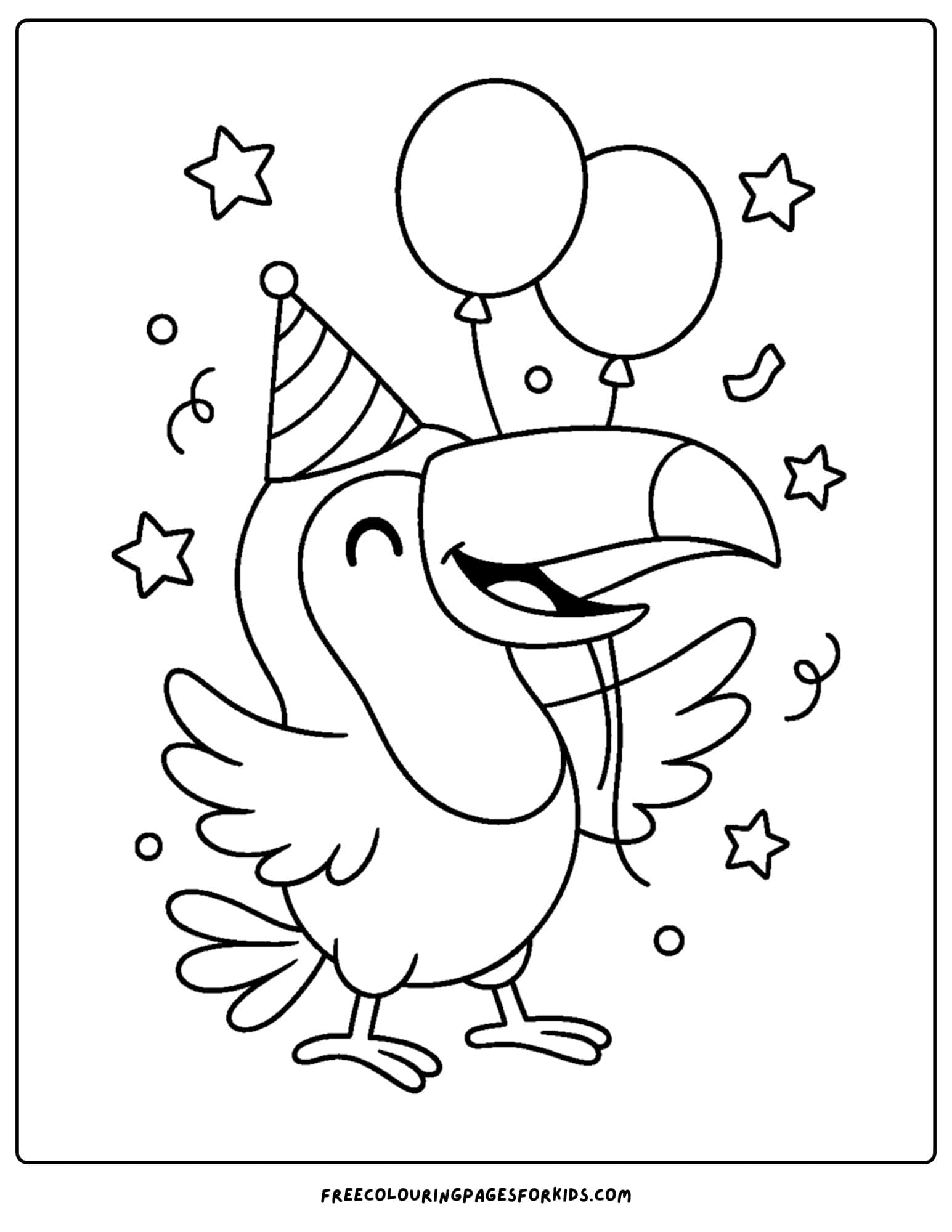 a toucan celebrating with balloons and a party hat