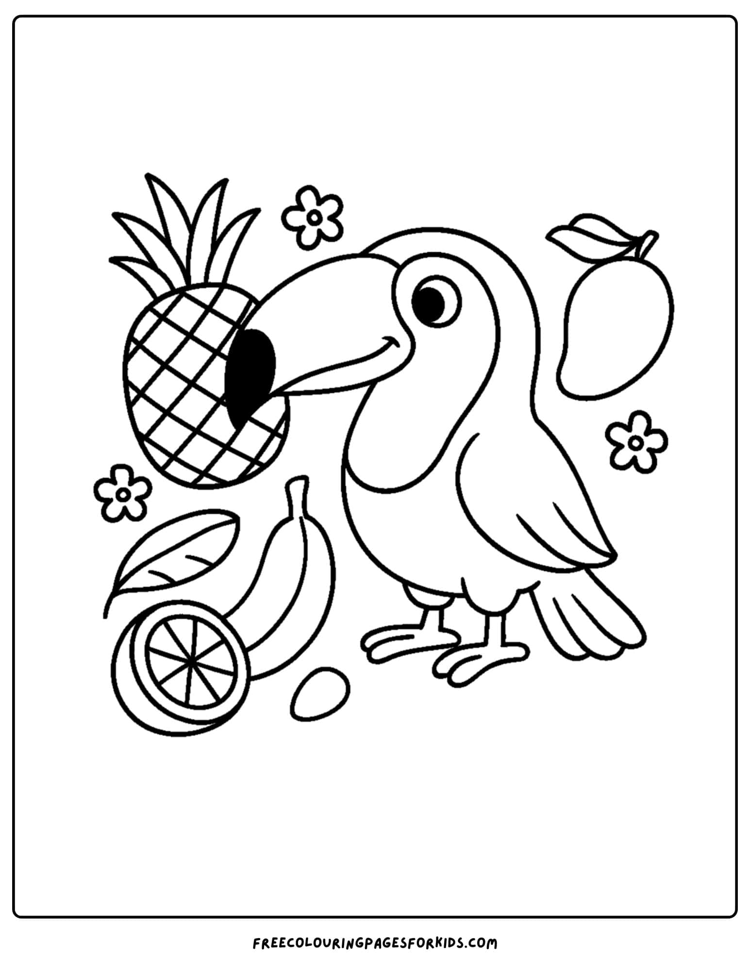a toucan with tropical fruit