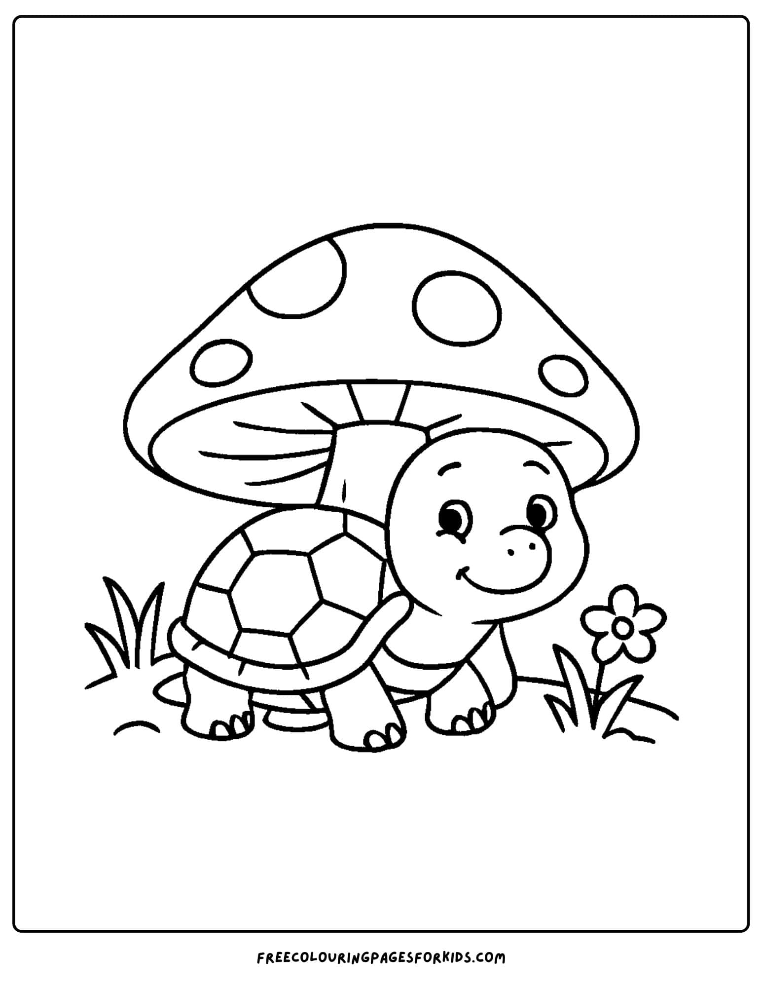 a turtle hiding under a mushroom