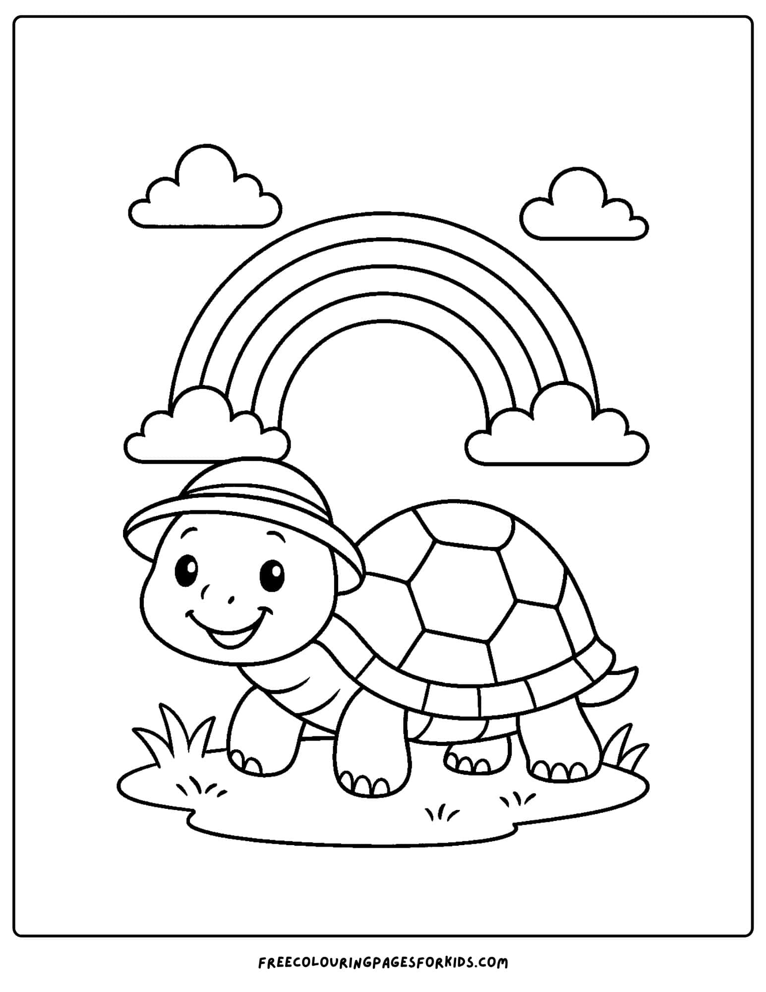 a turtle standing under a rainbow
