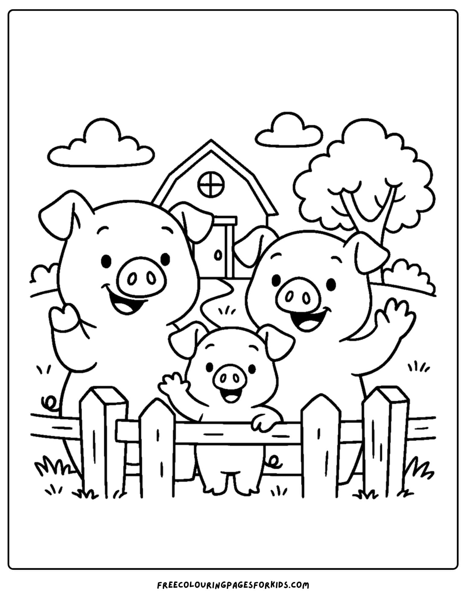 a pig family waving at the gate