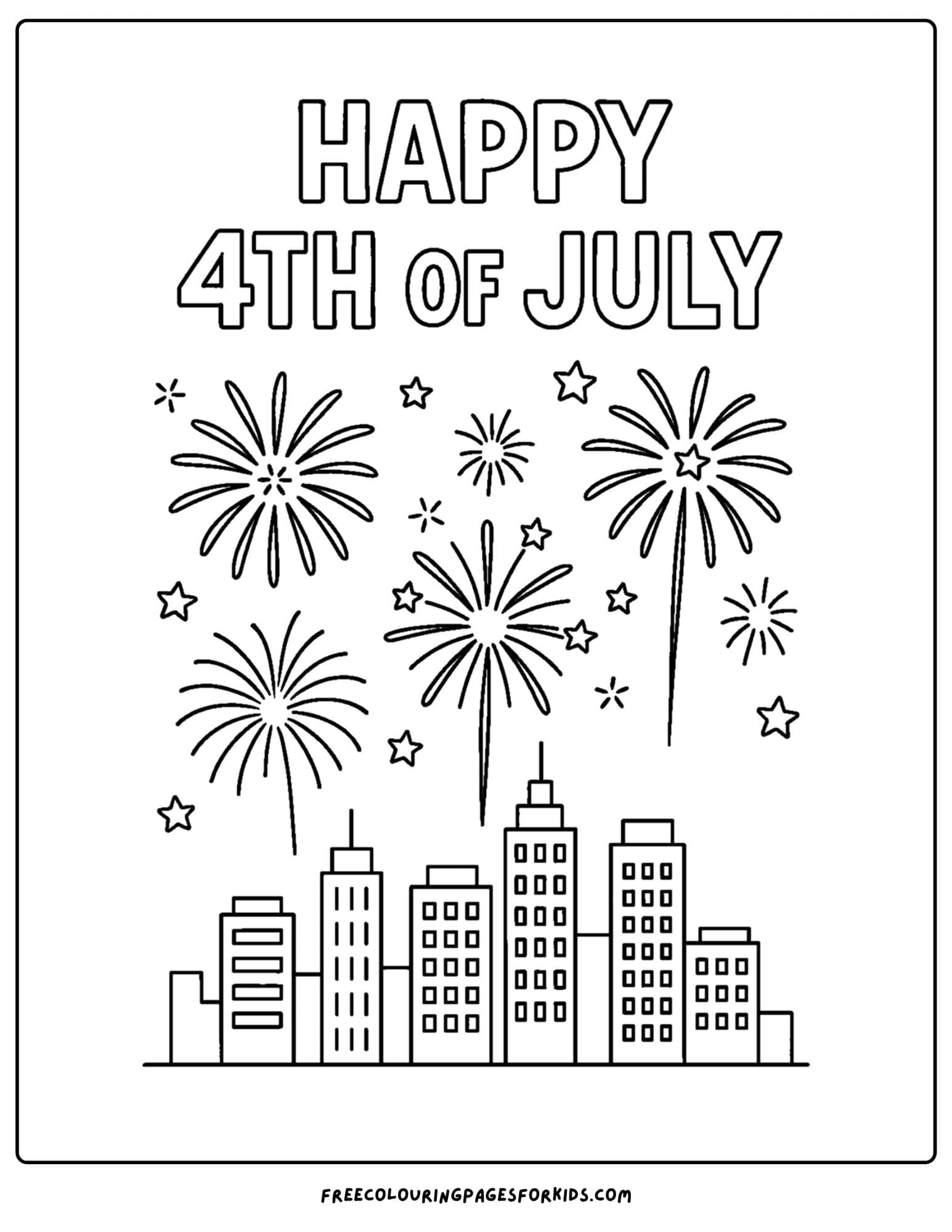 4th of july fireworks over city skyline coloring page