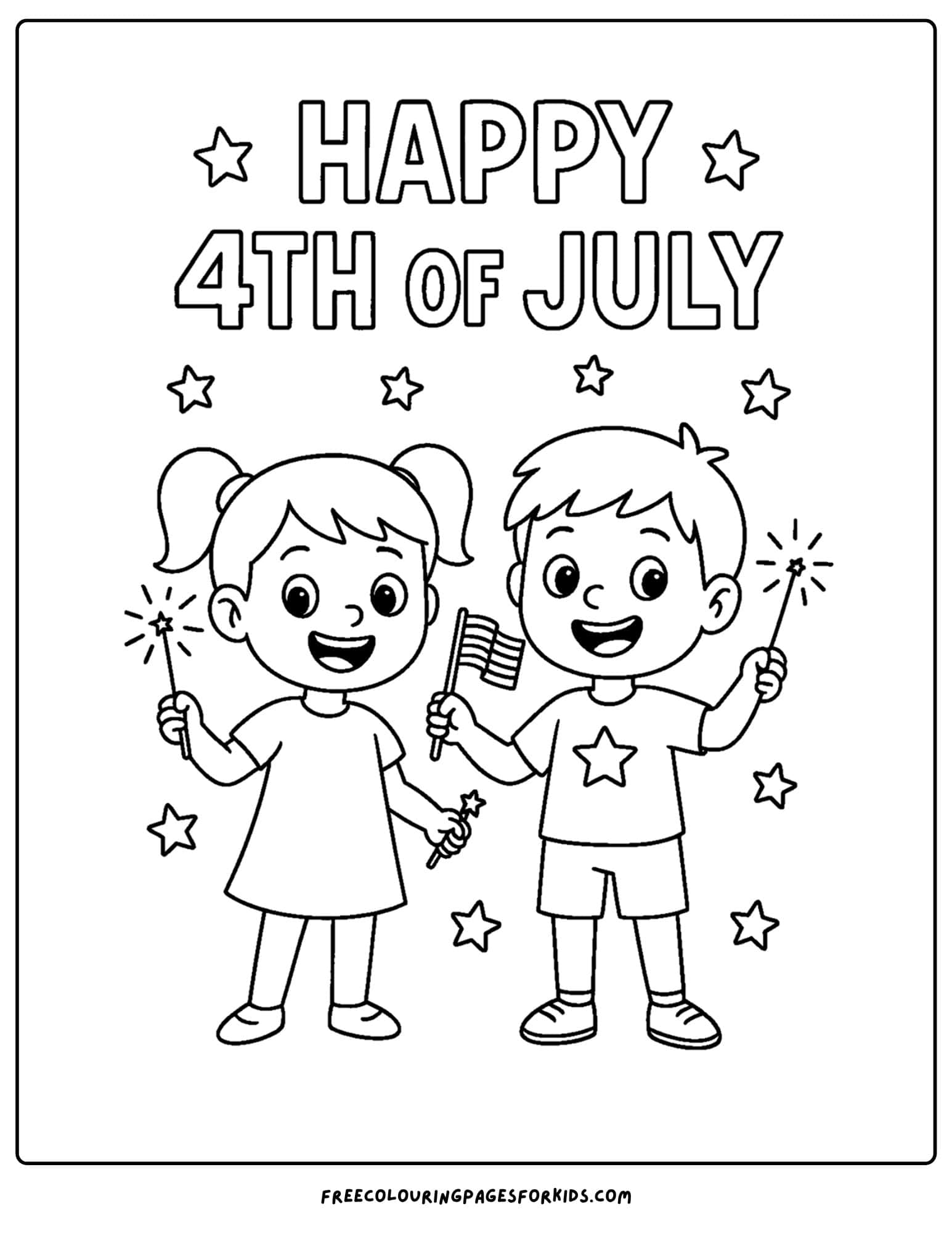4th of july kids waving sparklers coloring page