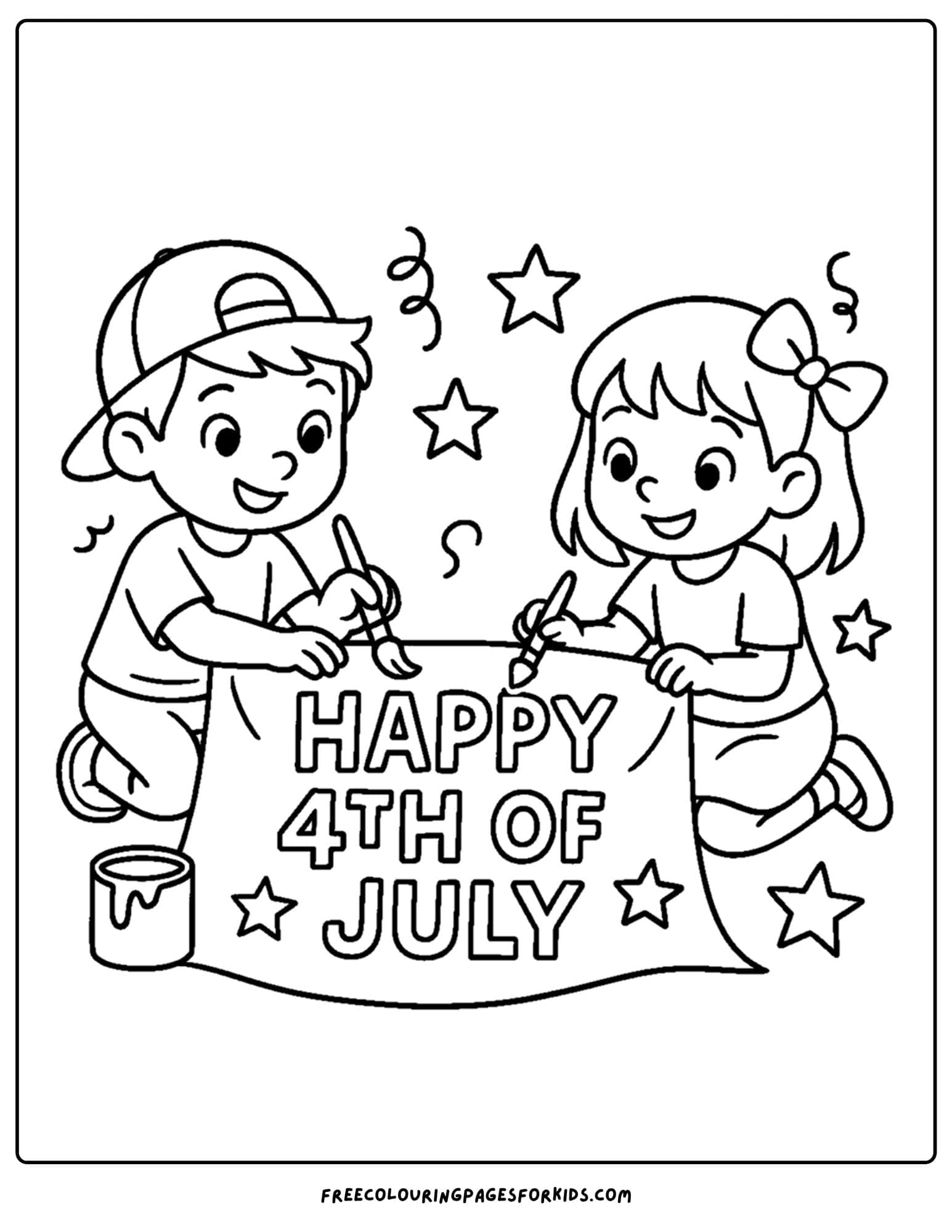 4th of july kids painting a banner coloring page