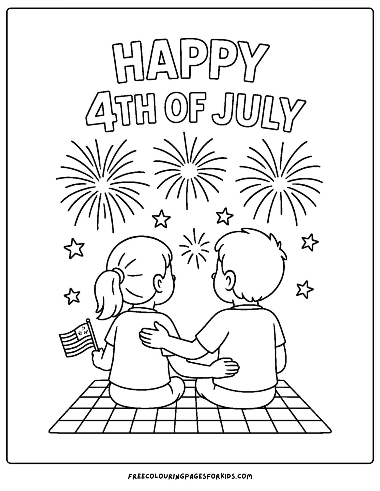 4th of july kids watching fireworks coloring page