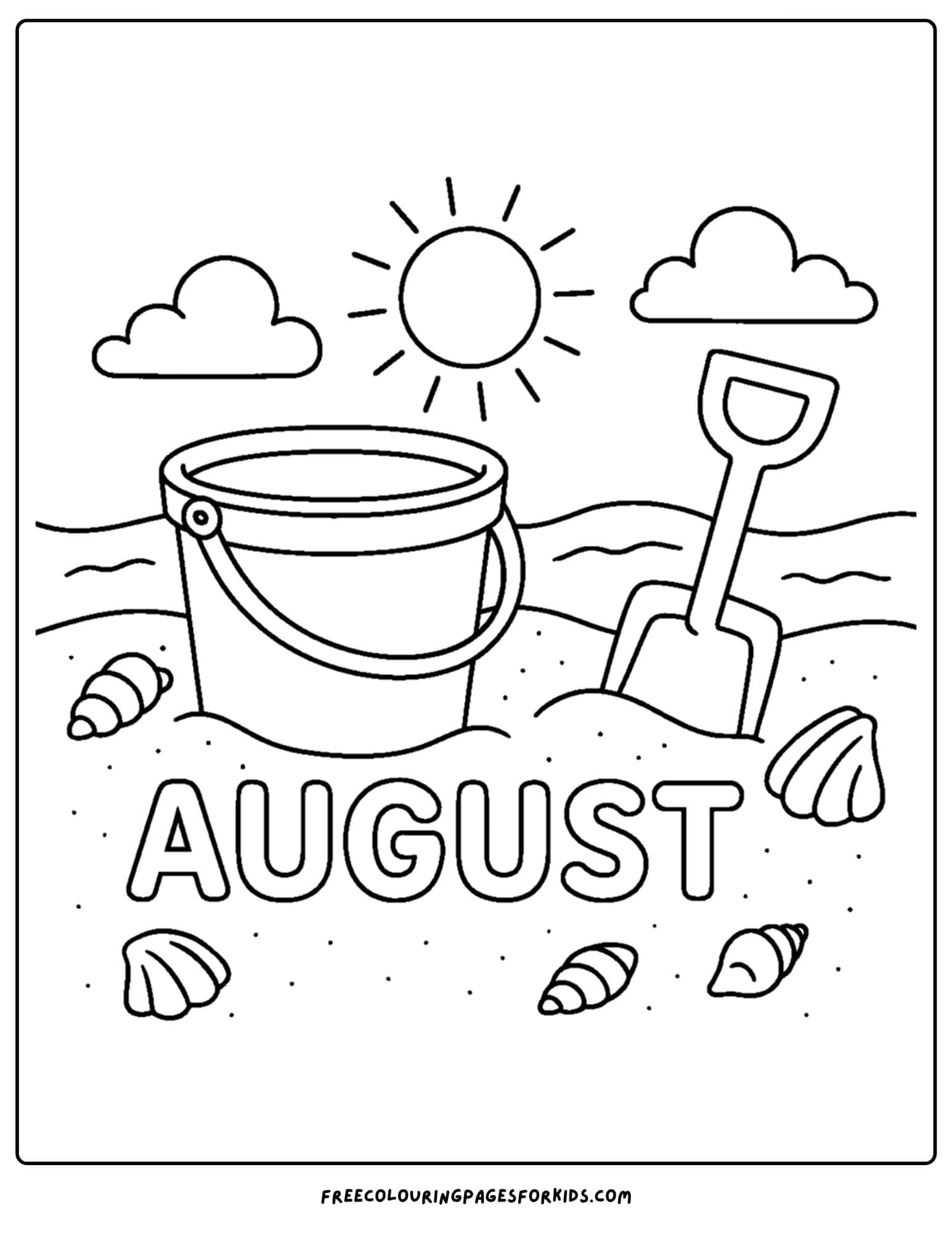 august coloring page digging in the sand at the beach