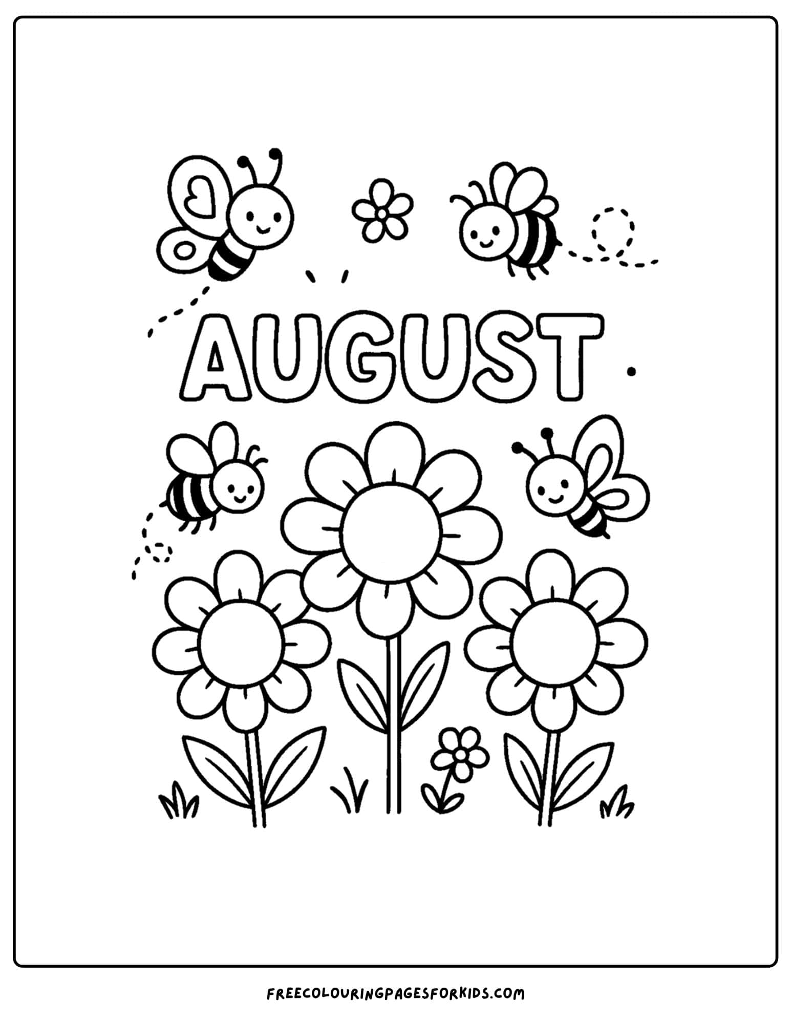 august coloring page bees flying over flowers