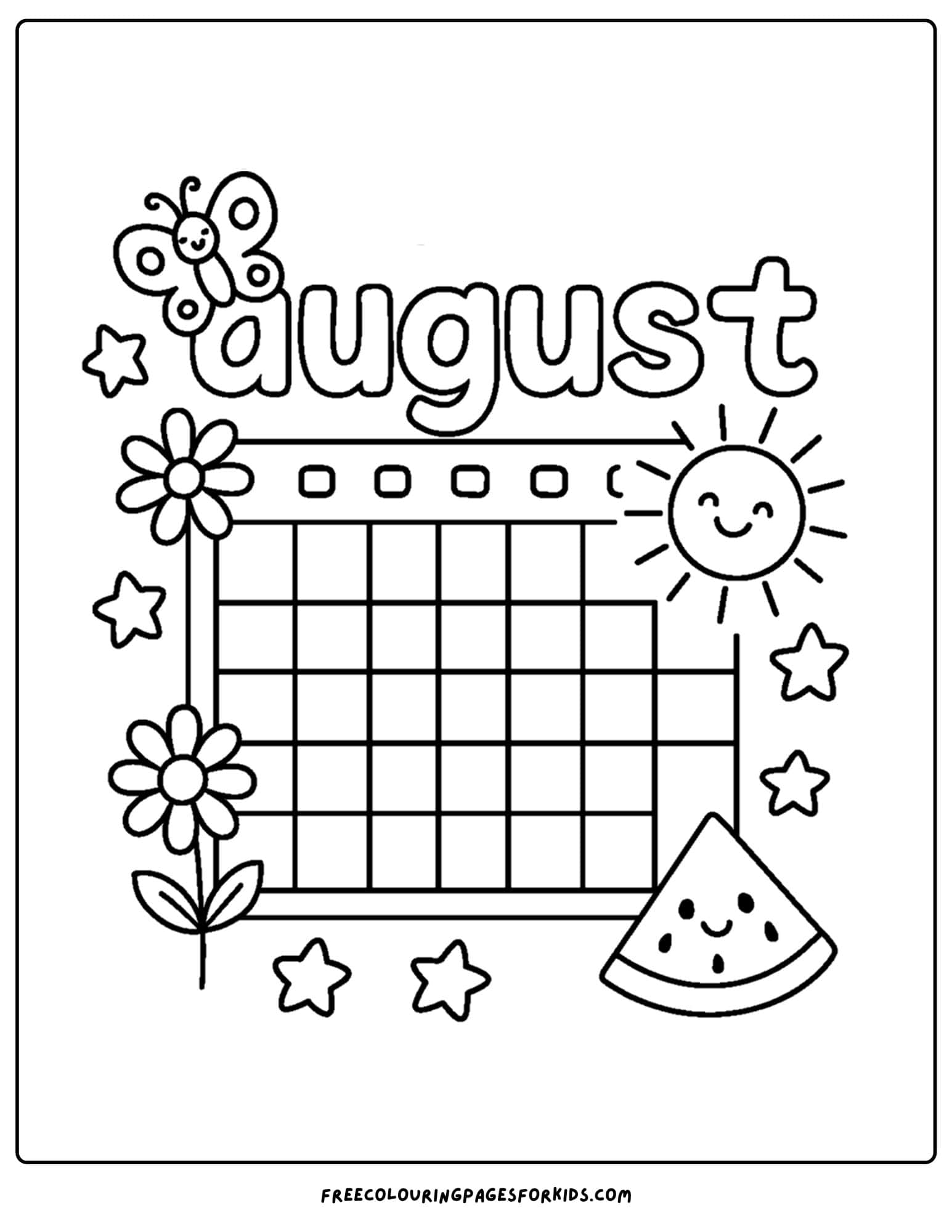 august coloring page of a calendar with doodles around it