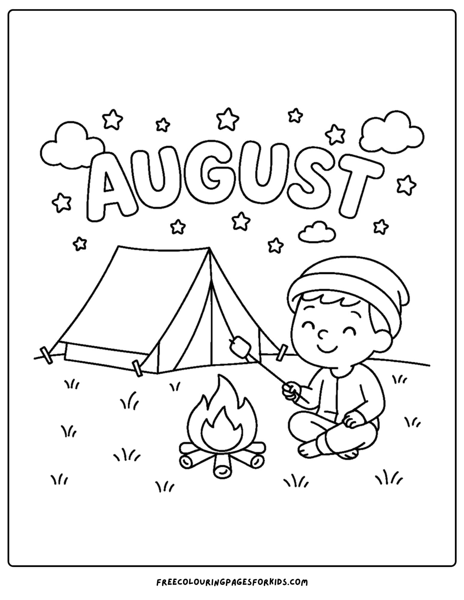 august coloring page of a summer camping trip under the stars
