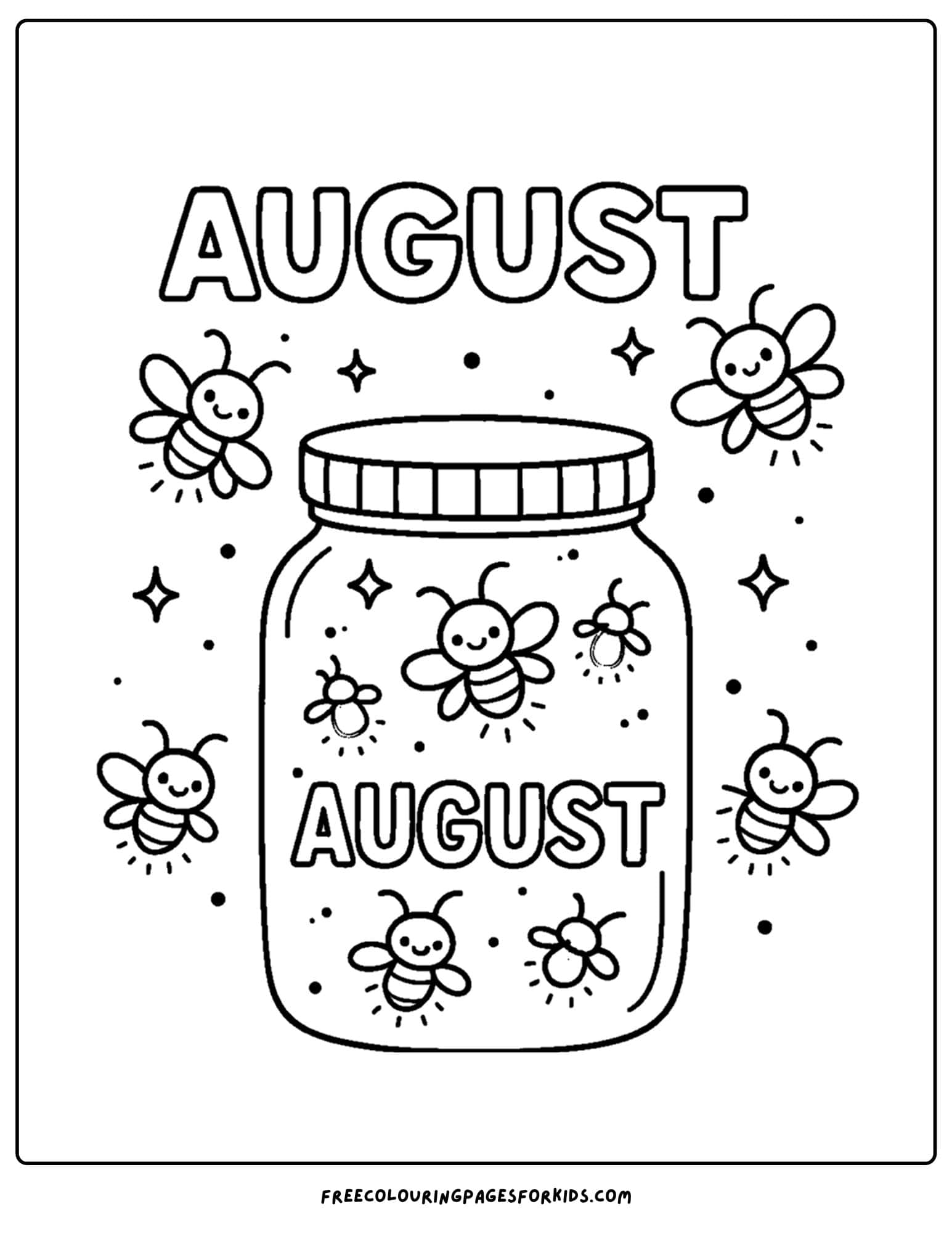 august coloring page of fireflies in a jar
