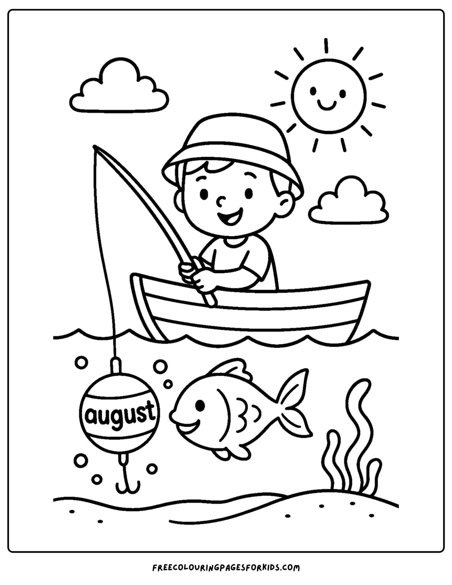 august coloring page fishing on the water from a boat