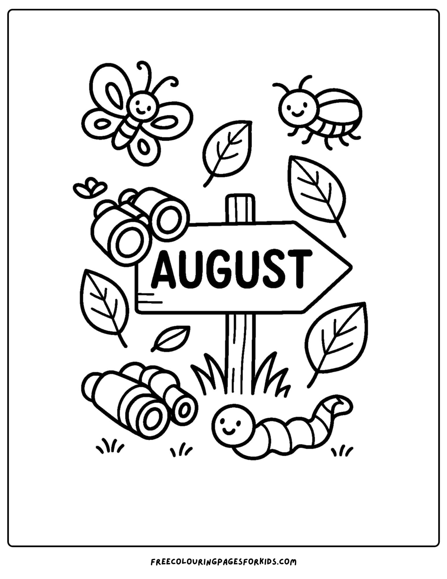 august coloring page of bugs on a nature walk