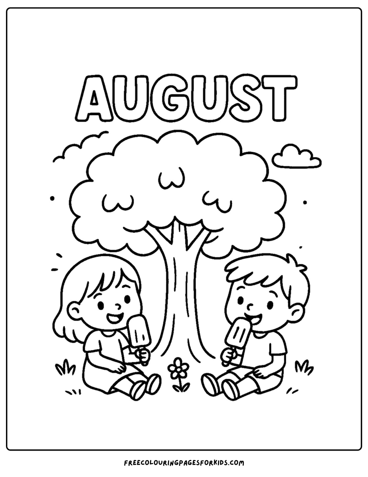 august coloring page eating popsicles under a tree on a hot day