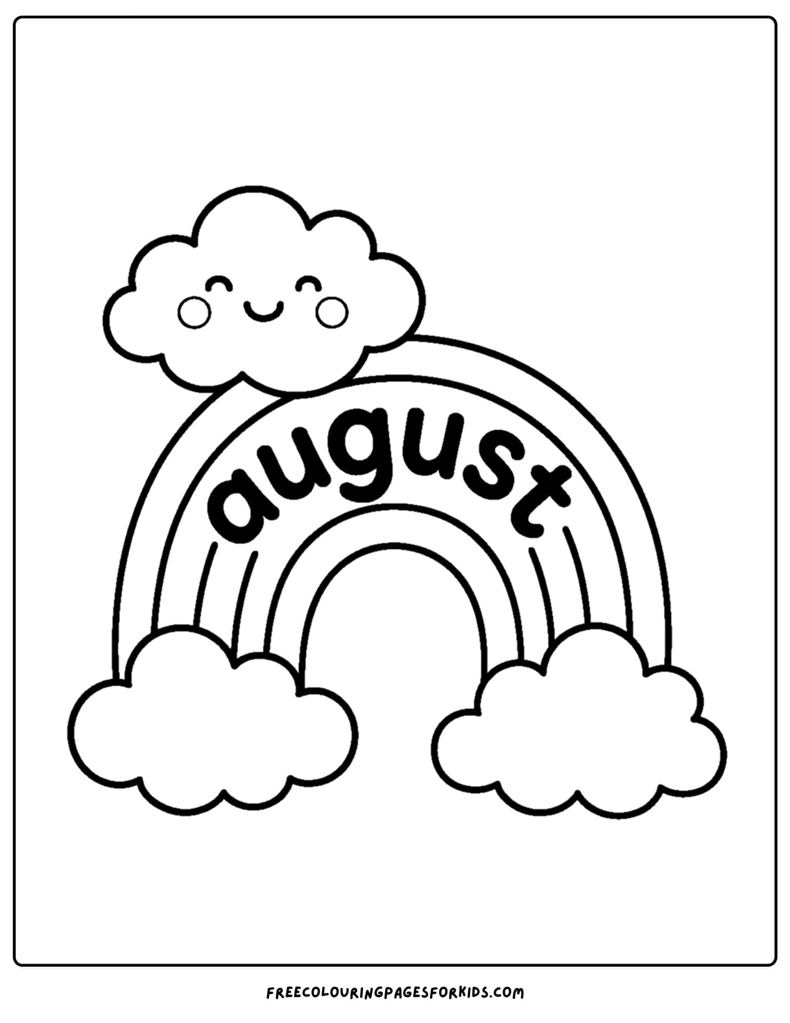 august coloring page of a rainbow and cloud