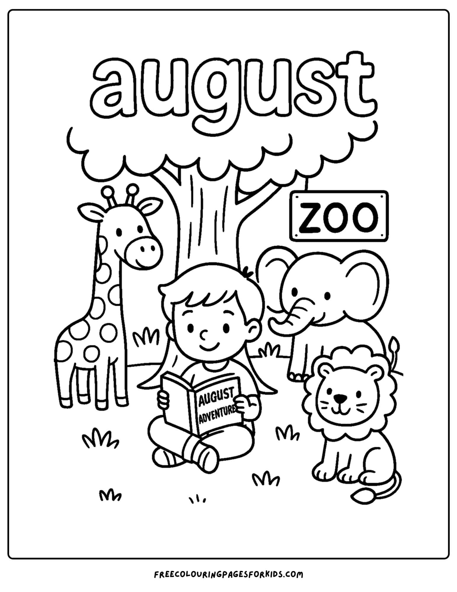 august coloring page reading under the tree at the zoo