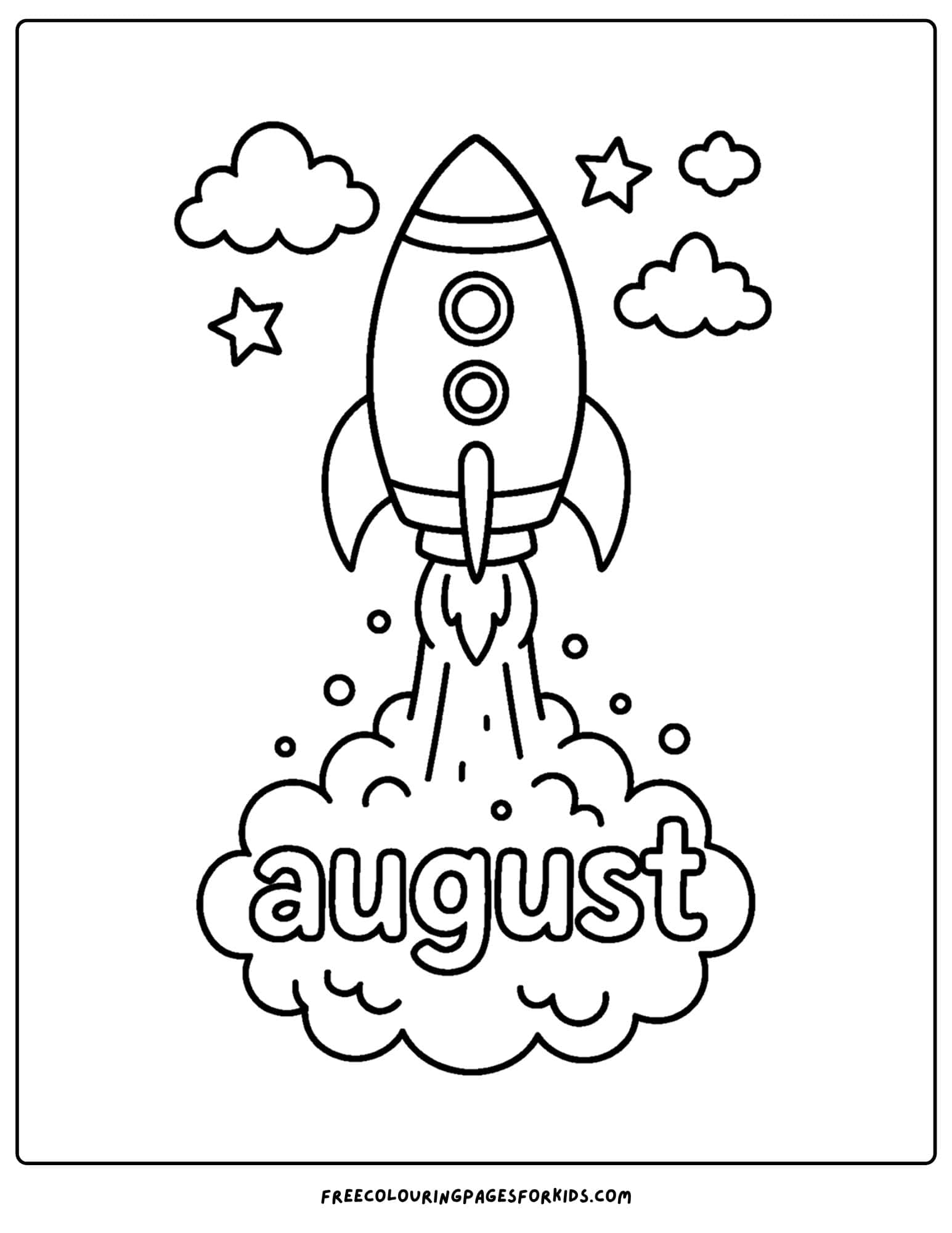 august coloring page of a rocket blasting off