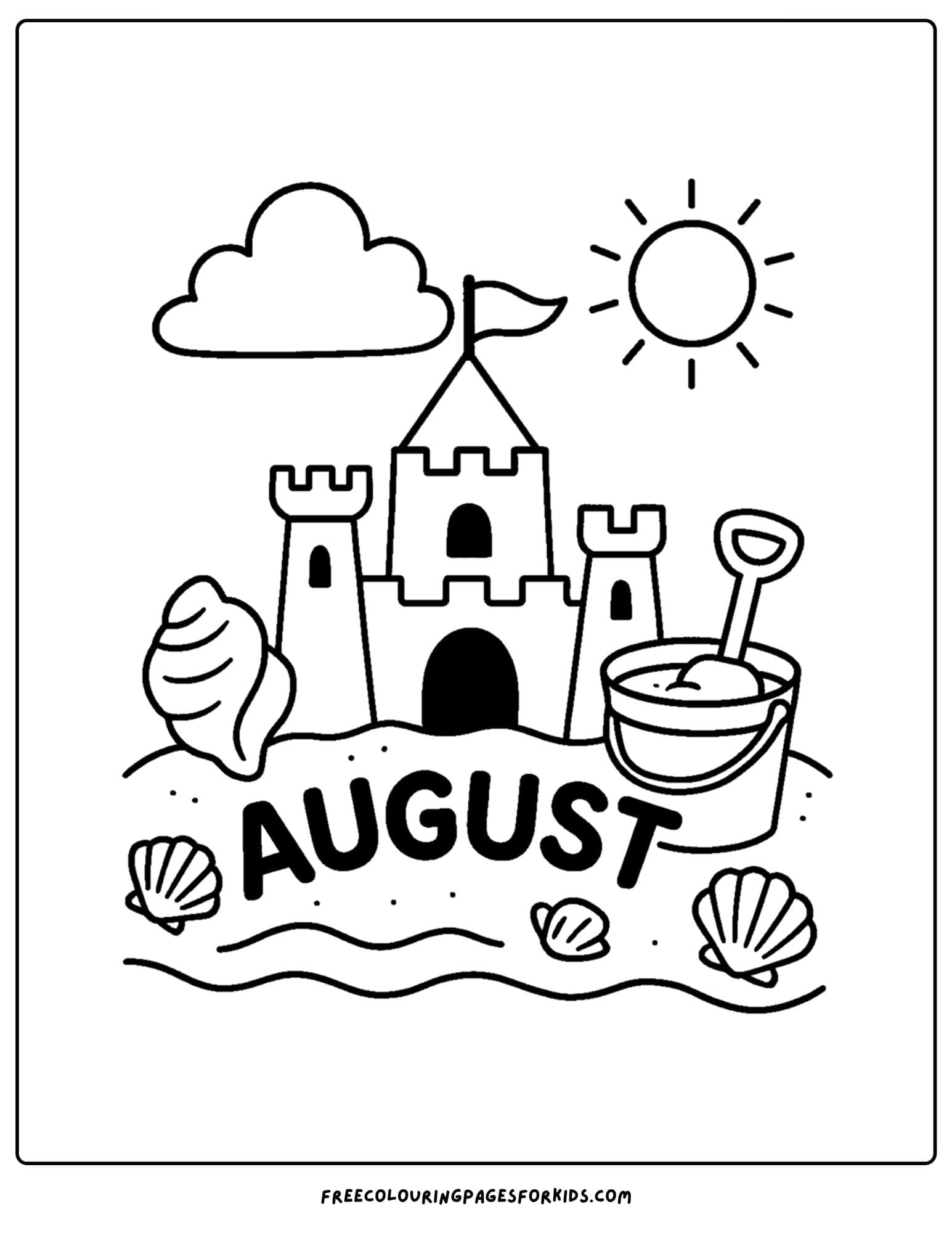august coloring page day at the beach making a sand castle