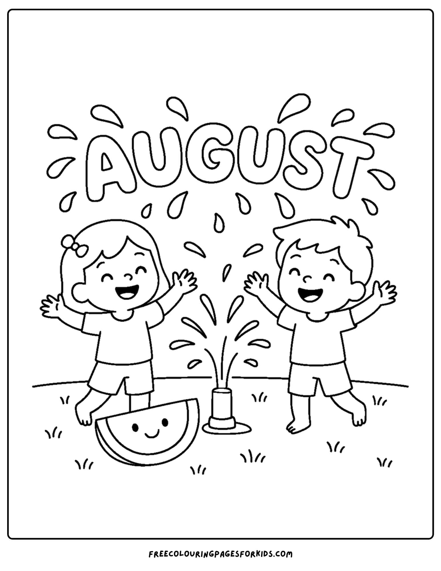 august coloring page having fun under the sprinkler