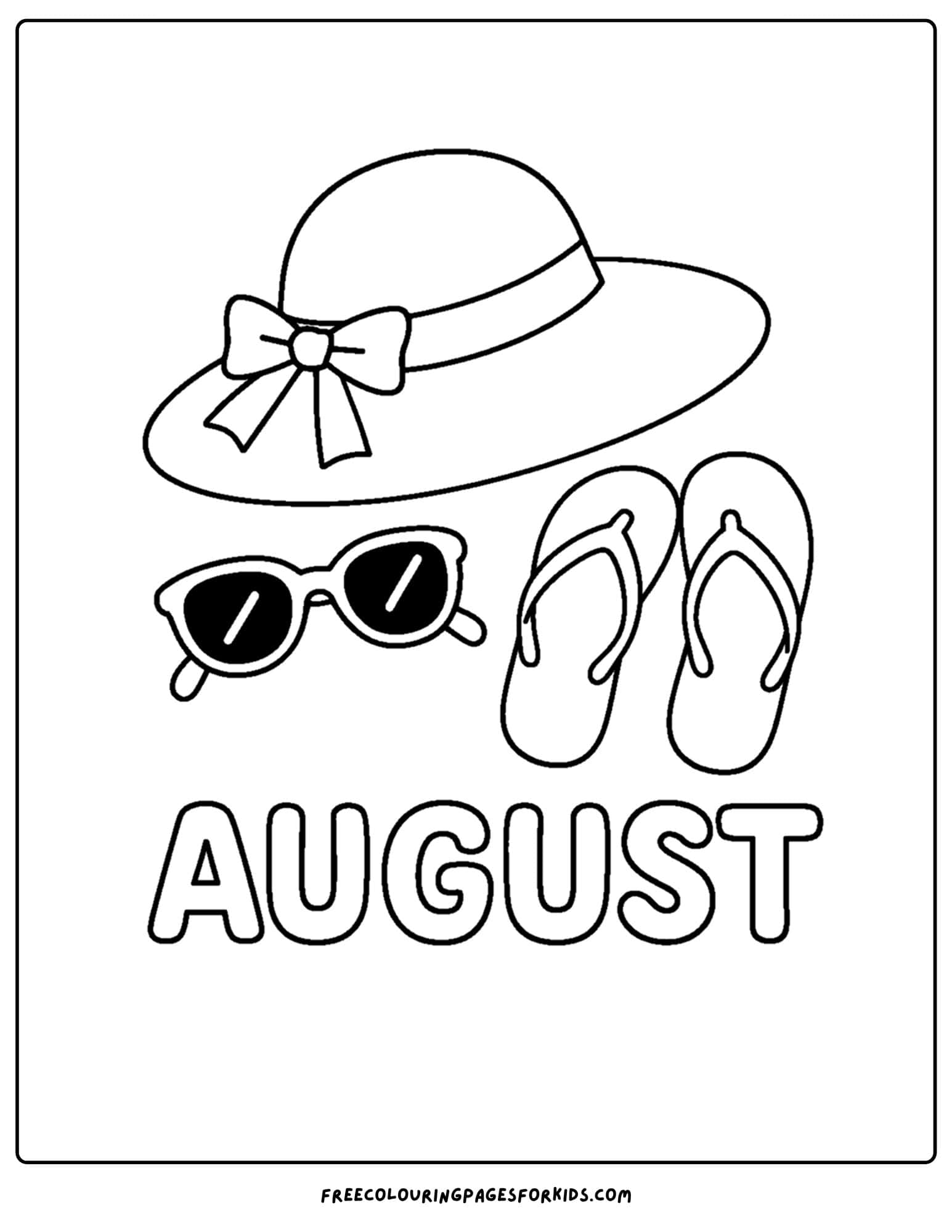august coloring page with a hat, sunglasses and flip flops