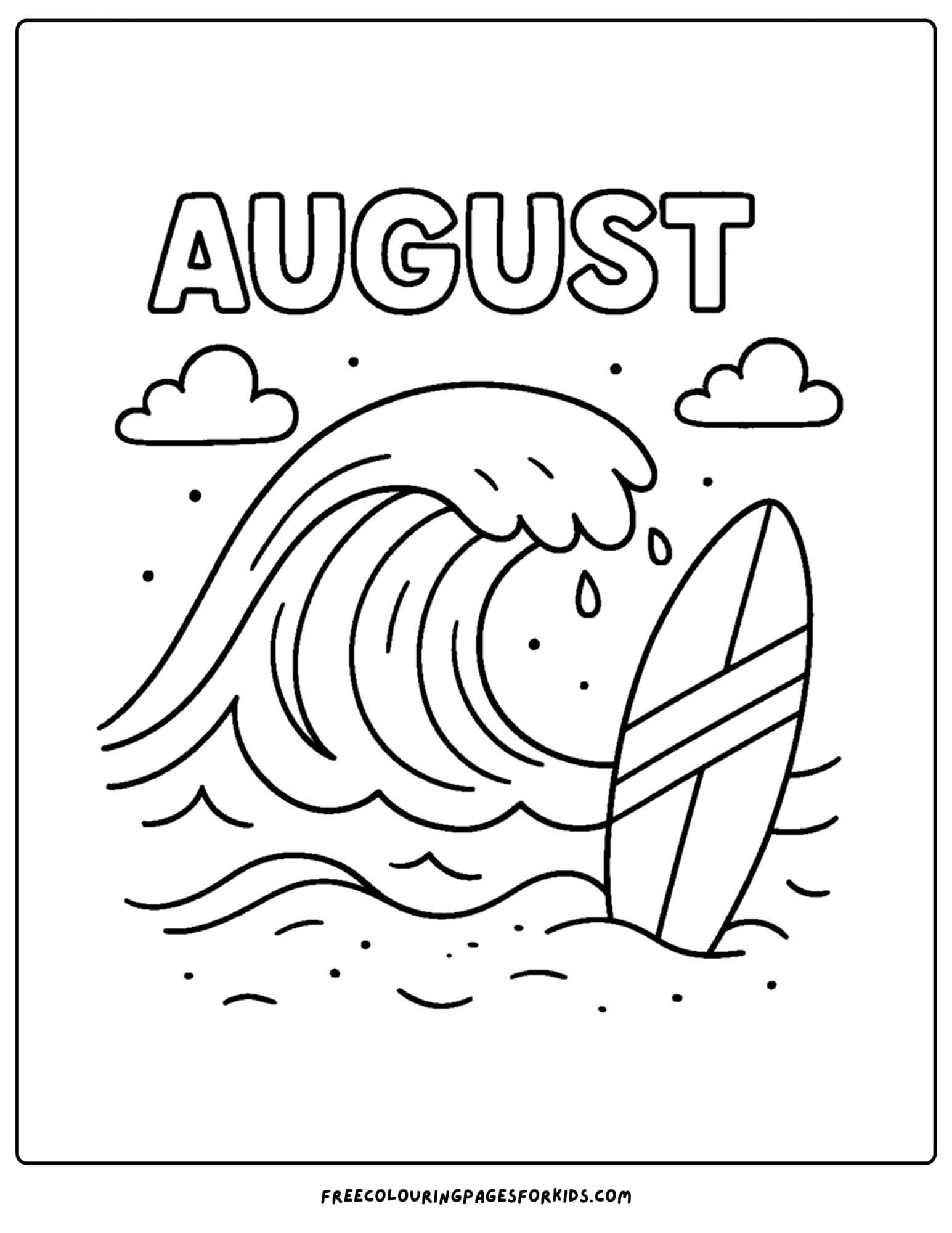 august coloring page surfing waves at the beach