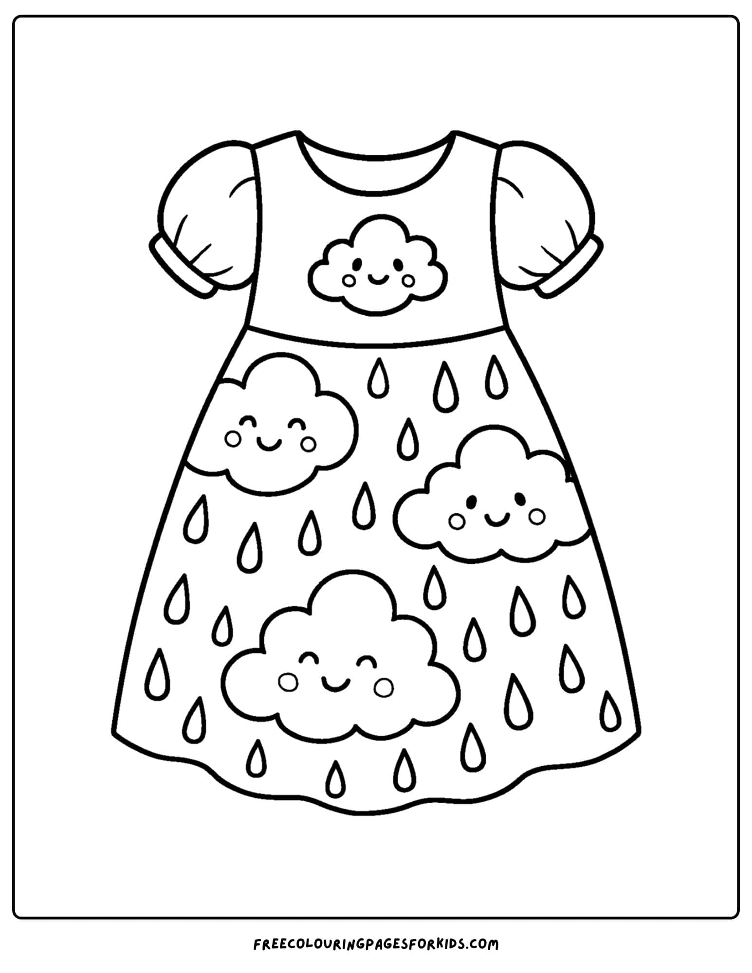 a dress with clouds and raindrops on it coloring page