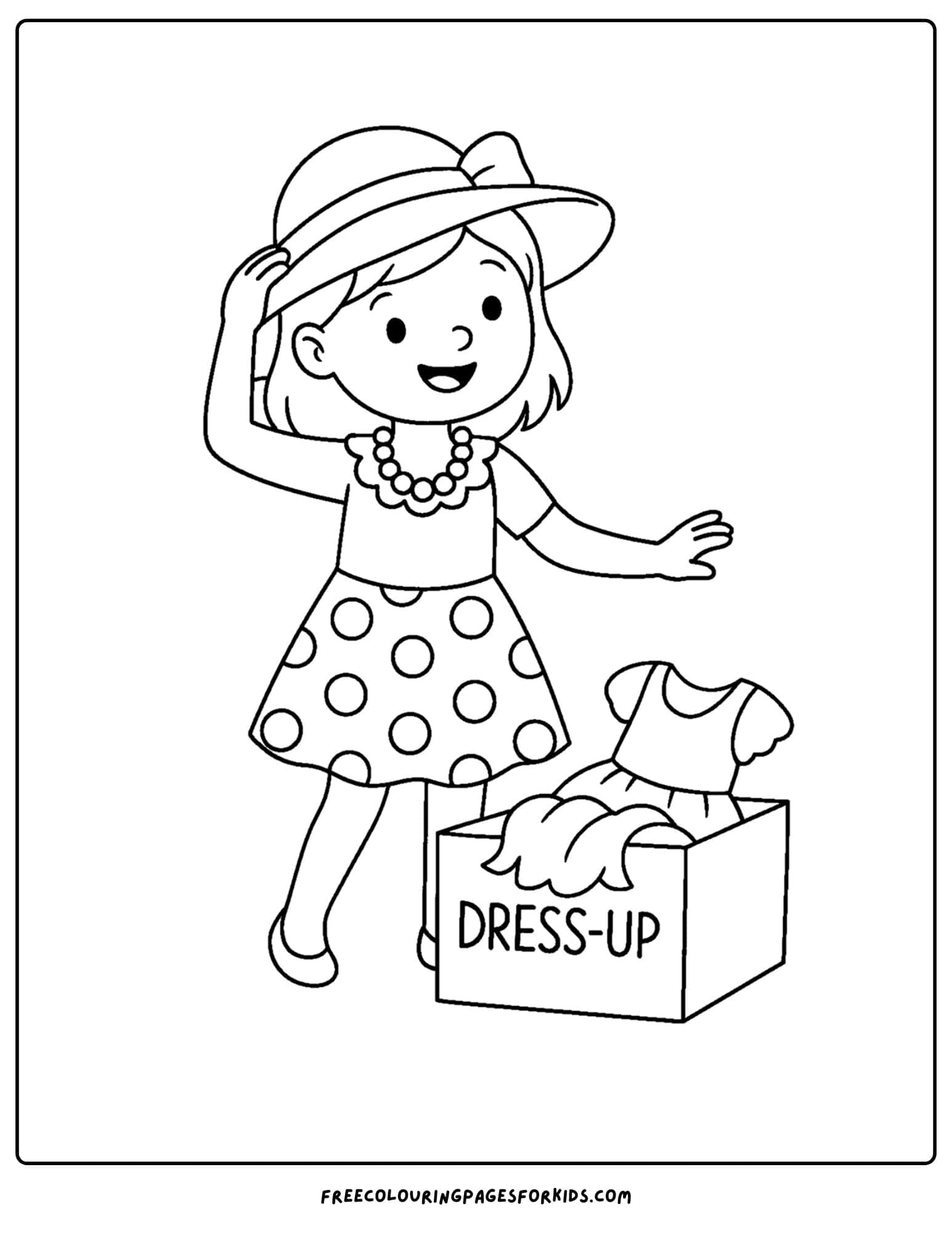 a girl getting dresses from a dress up box coloring page